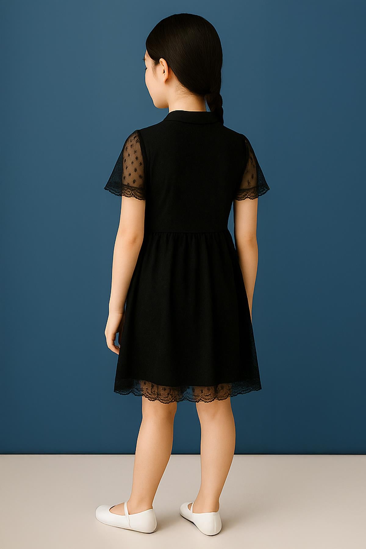 Şapka ve Hostes Yaka Detaylı Kız Çocuk Elbise Siyah