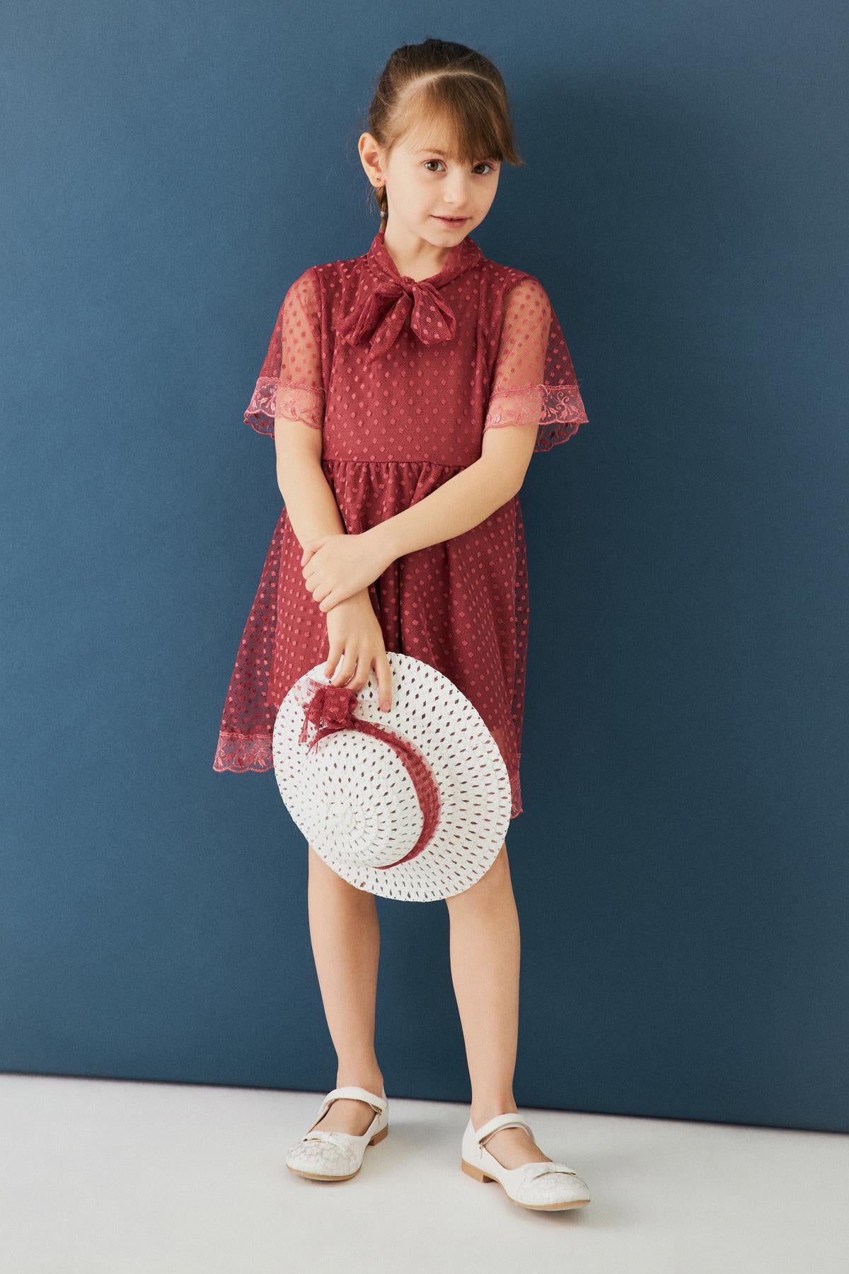 Şapka ve Hostes Yaka Detaylı Kız Çocuk Elbise Vişne - Perendi