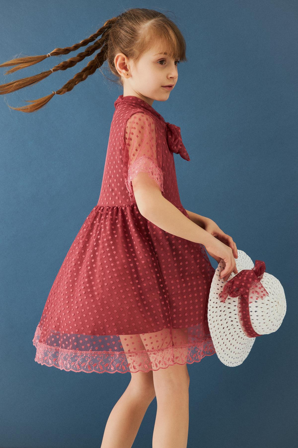 Şapka ve Hostes Yaka Detaylı Kız Çocuk Elbise Vişne - Perendi