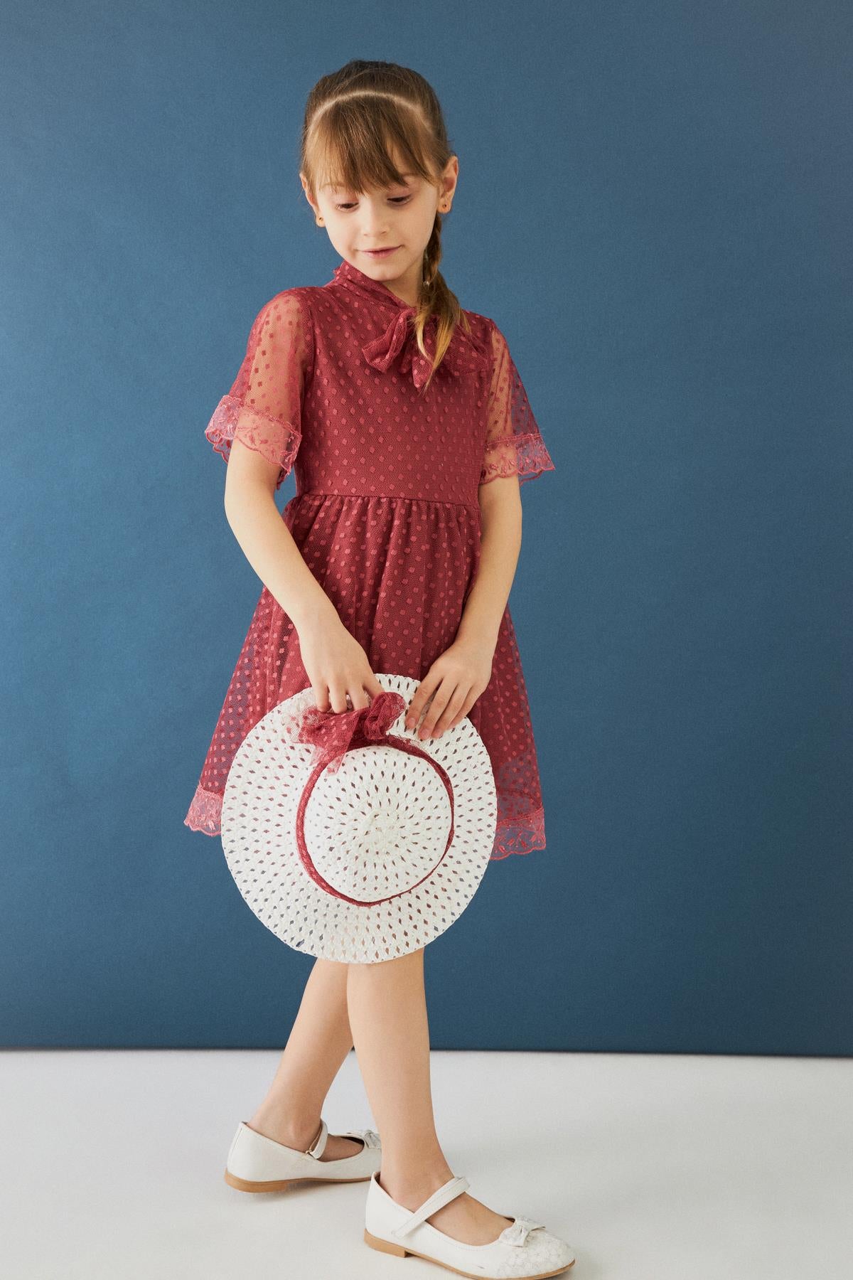 Şapka ve Hostes Yaka Detaylı Kız Çocuk Elbise Vişne - Perendi