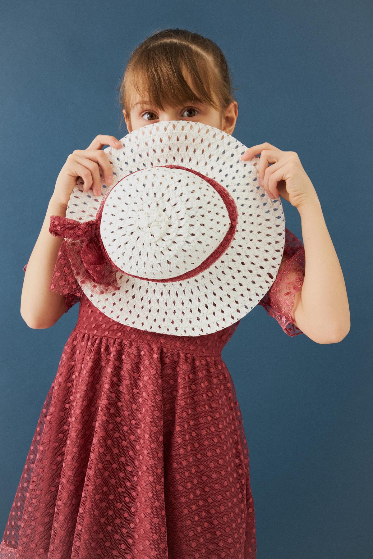 Şapka ve Hostes Yaka Detaylı Kız Çocuk Elbise Vişne - Perendi