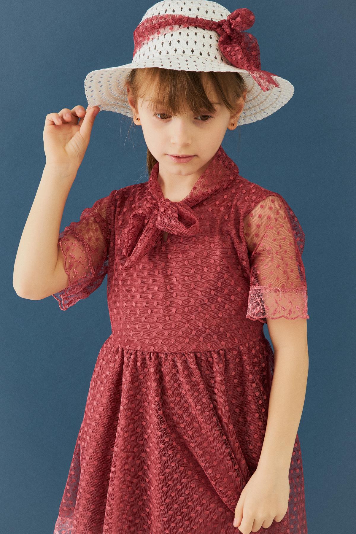 Şapka ve Hostes Yaka Detaylı Kız Çocuk Elbise Vişne - Perendi