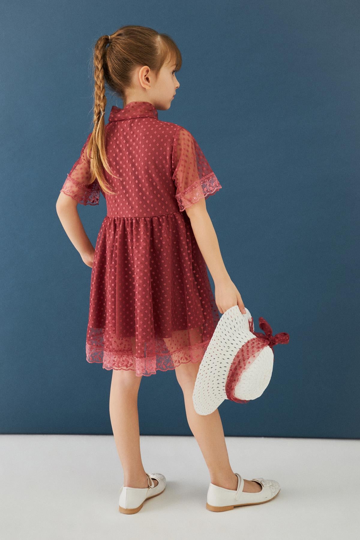 Şapka ve Hostes Yaka Detaylı Kız Çocuk Elbise Vişne - Perendi