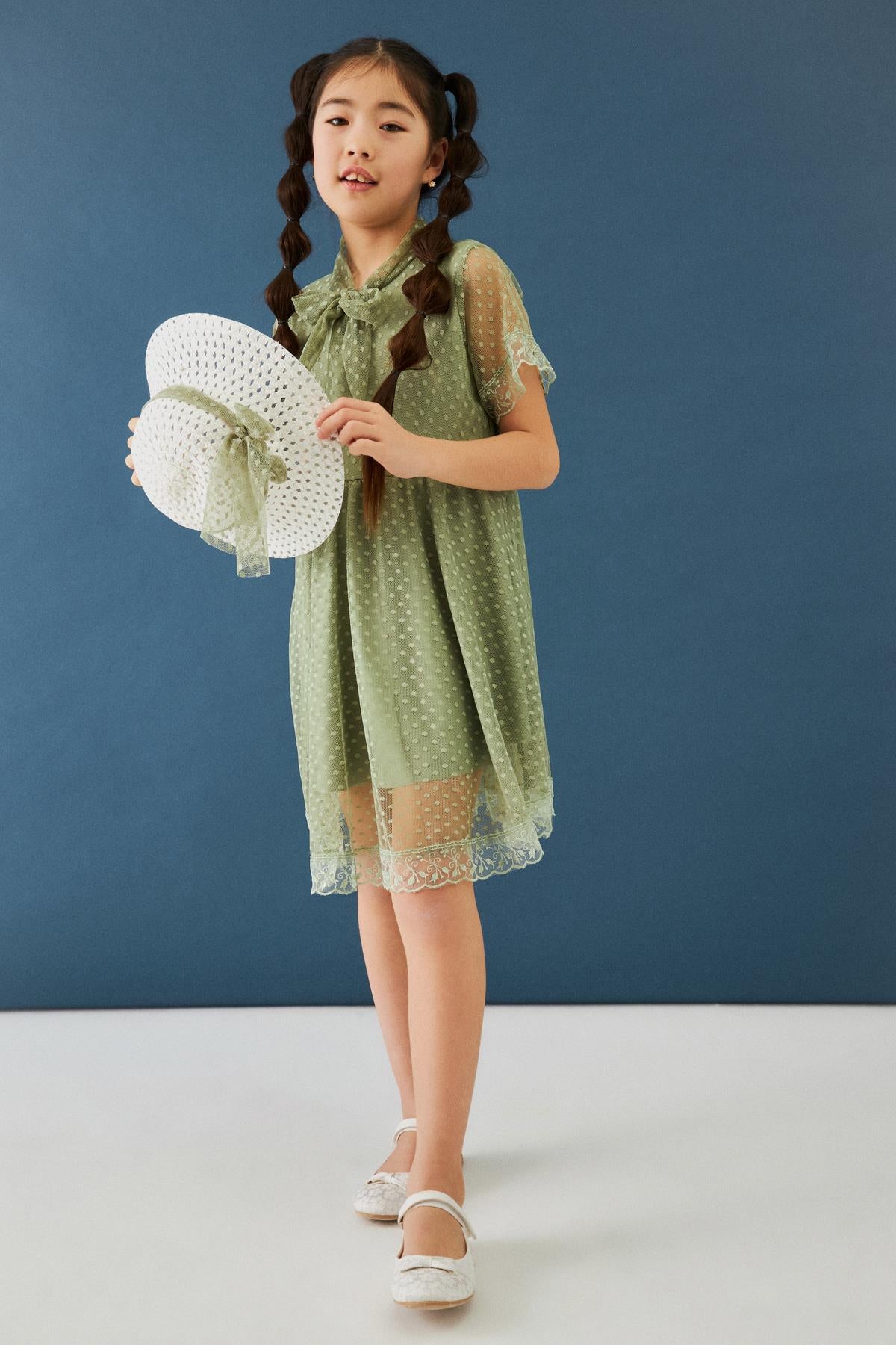 Şapka ve Hostes Yaka Detaylı Kız Çocuk Elbise Yeşil - Perendi