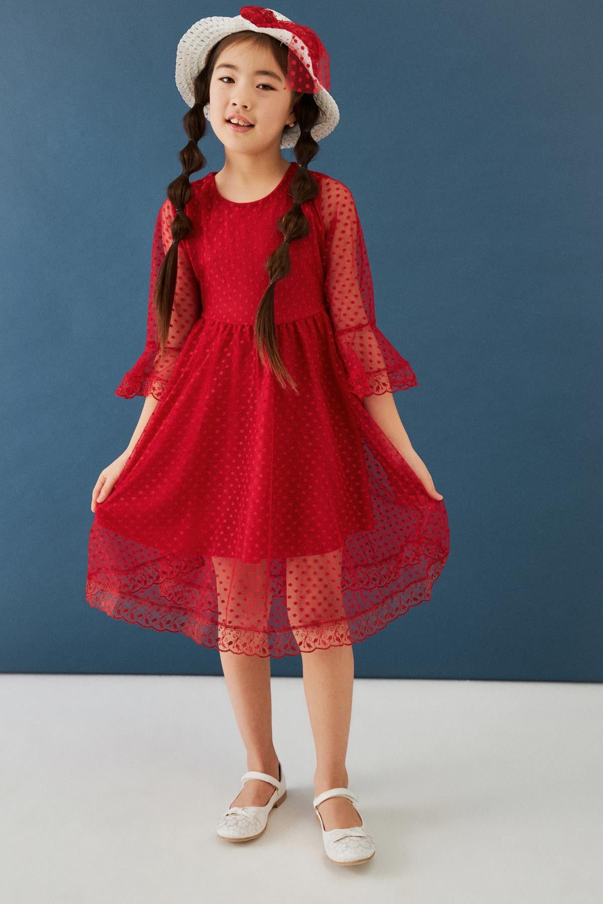 Şapka ve Kemer Detaylı Kız Çocuk Elbise Kırmızı - Perendi
