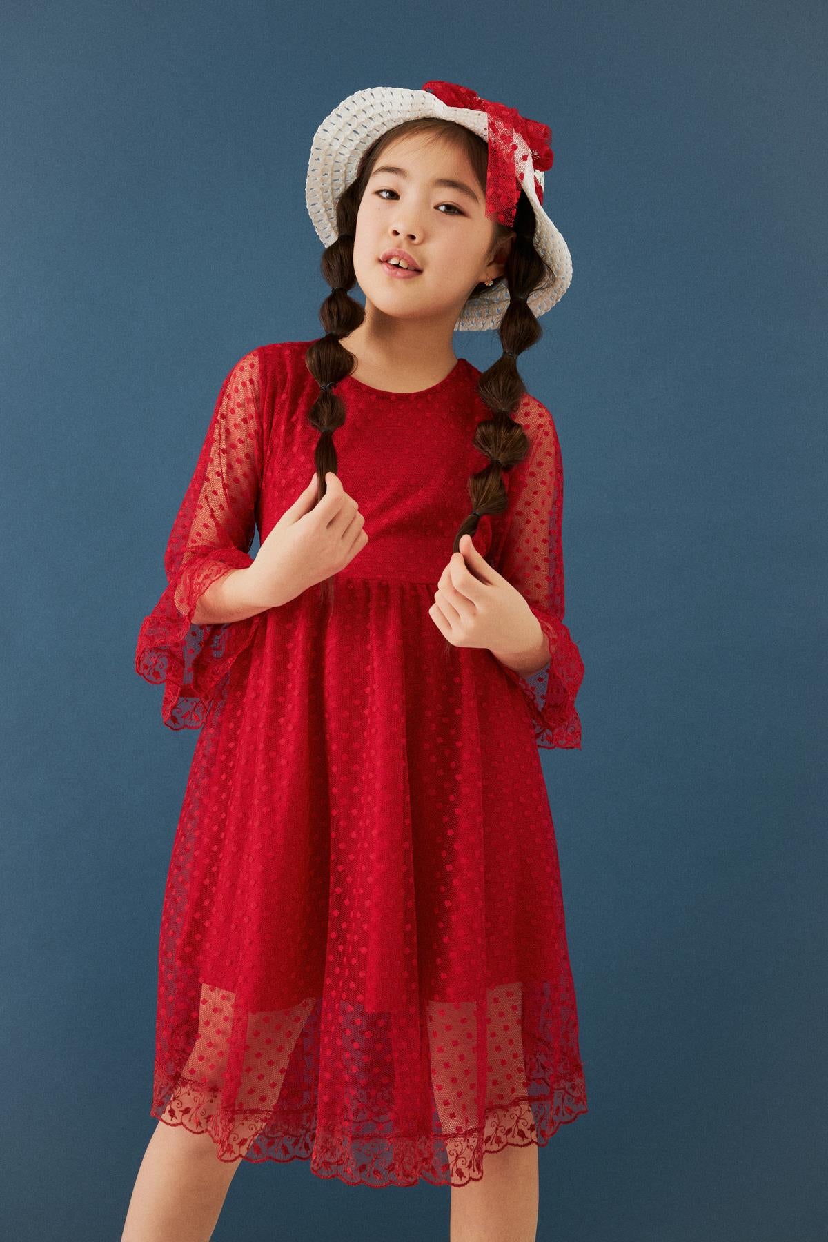 Şapka ve Kemer Detaylı Kız Çocuk Elbise Kırmızı - Perendi