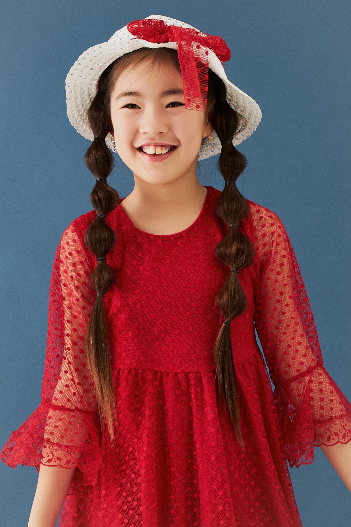 Şapka ve Kemer Detaylı Kız Çocuk Elbise Kırmızı - Perendi