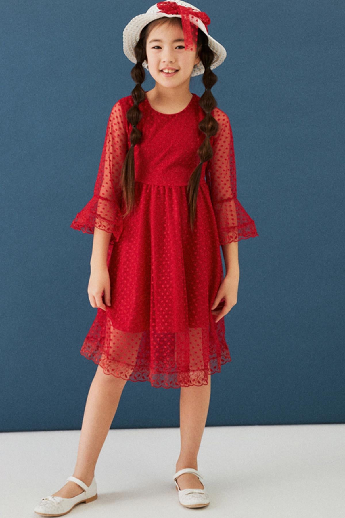 Şapka ve Kemer Detaylı Kız Çocuk Elbise Kırmızı - Perendi