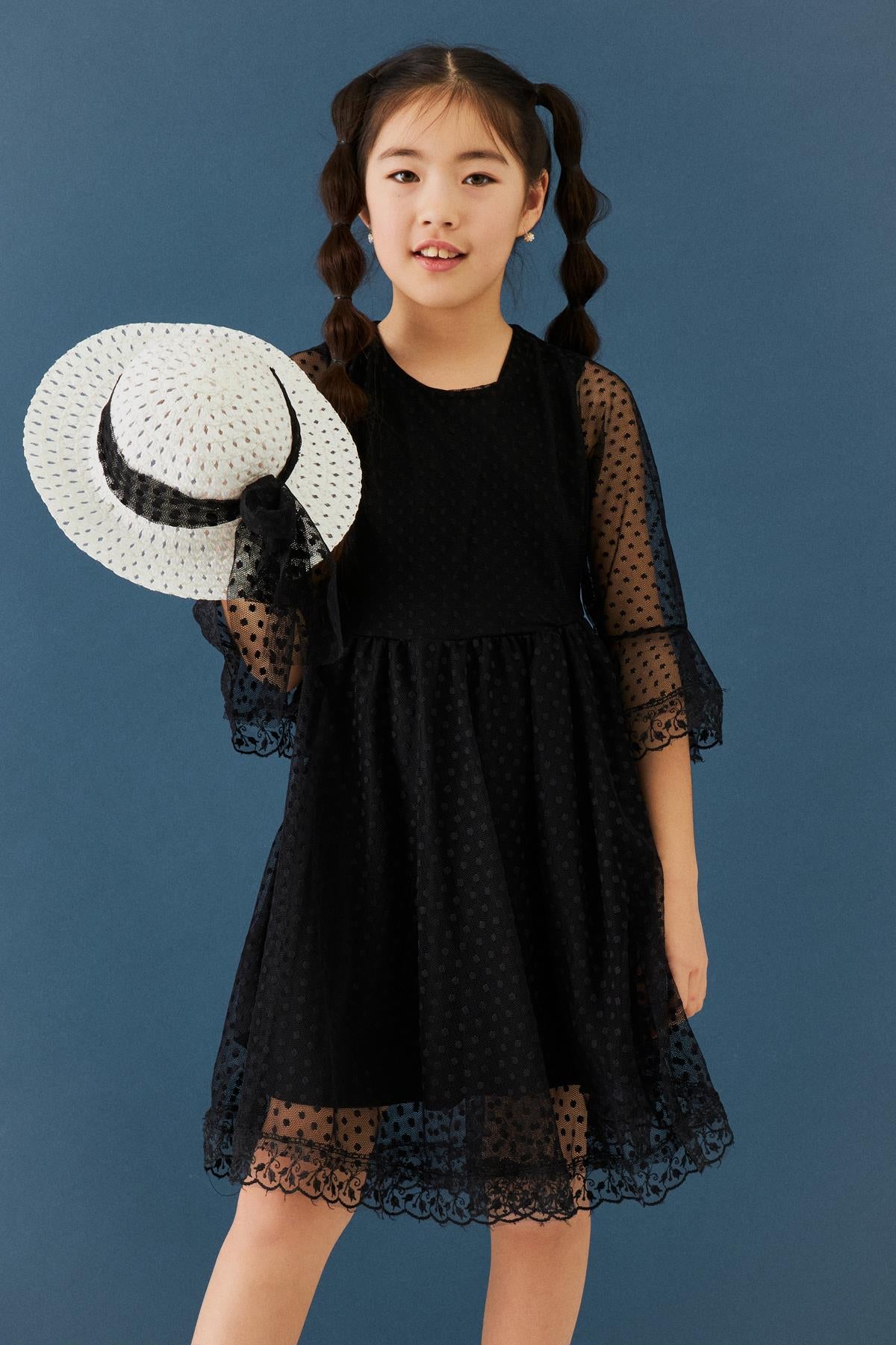 Şapka ve Kemer Detaylı Kız Çocuk Elbise Siyah - Perendi