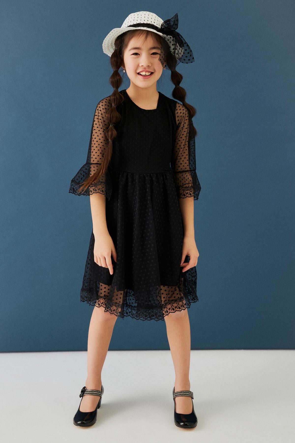 Şapka ve Kemer Detaylı Kız Çocuk Elbise Siyah - Perendi