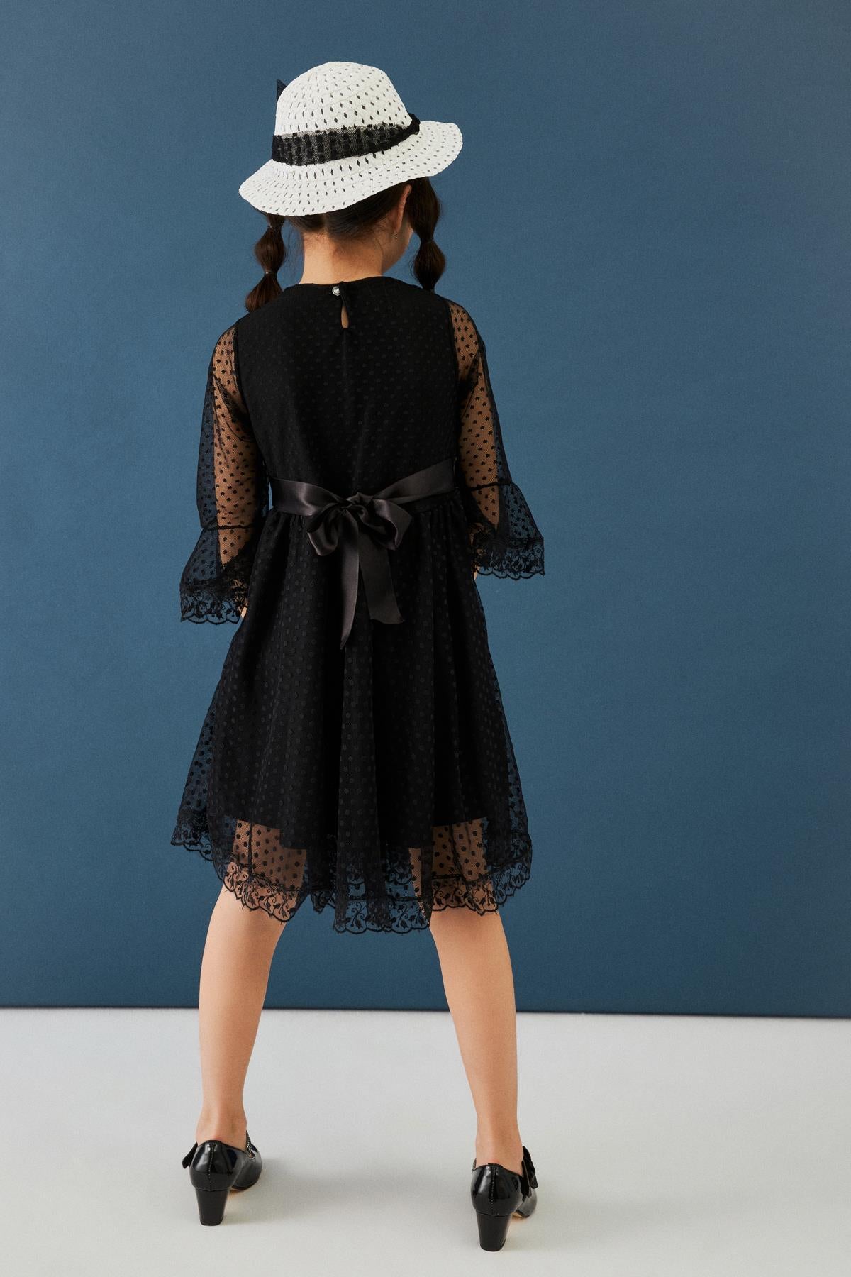 Şapka ve Kemer Detaylı Kız Çocuk Elbise Siyah - Perendi