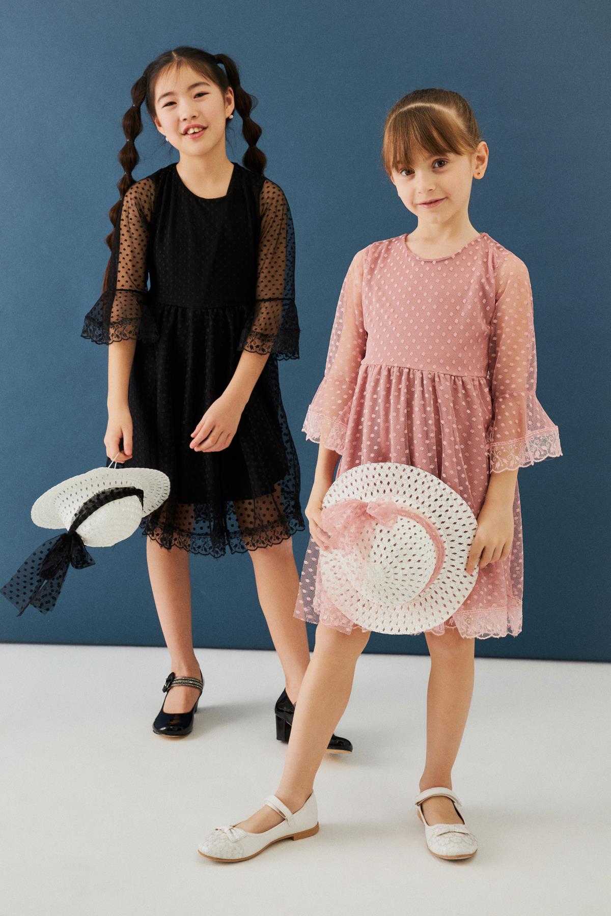 Şapka ve Kemer Detaylı Kız Çocuk Elbise Siyah - Perendi