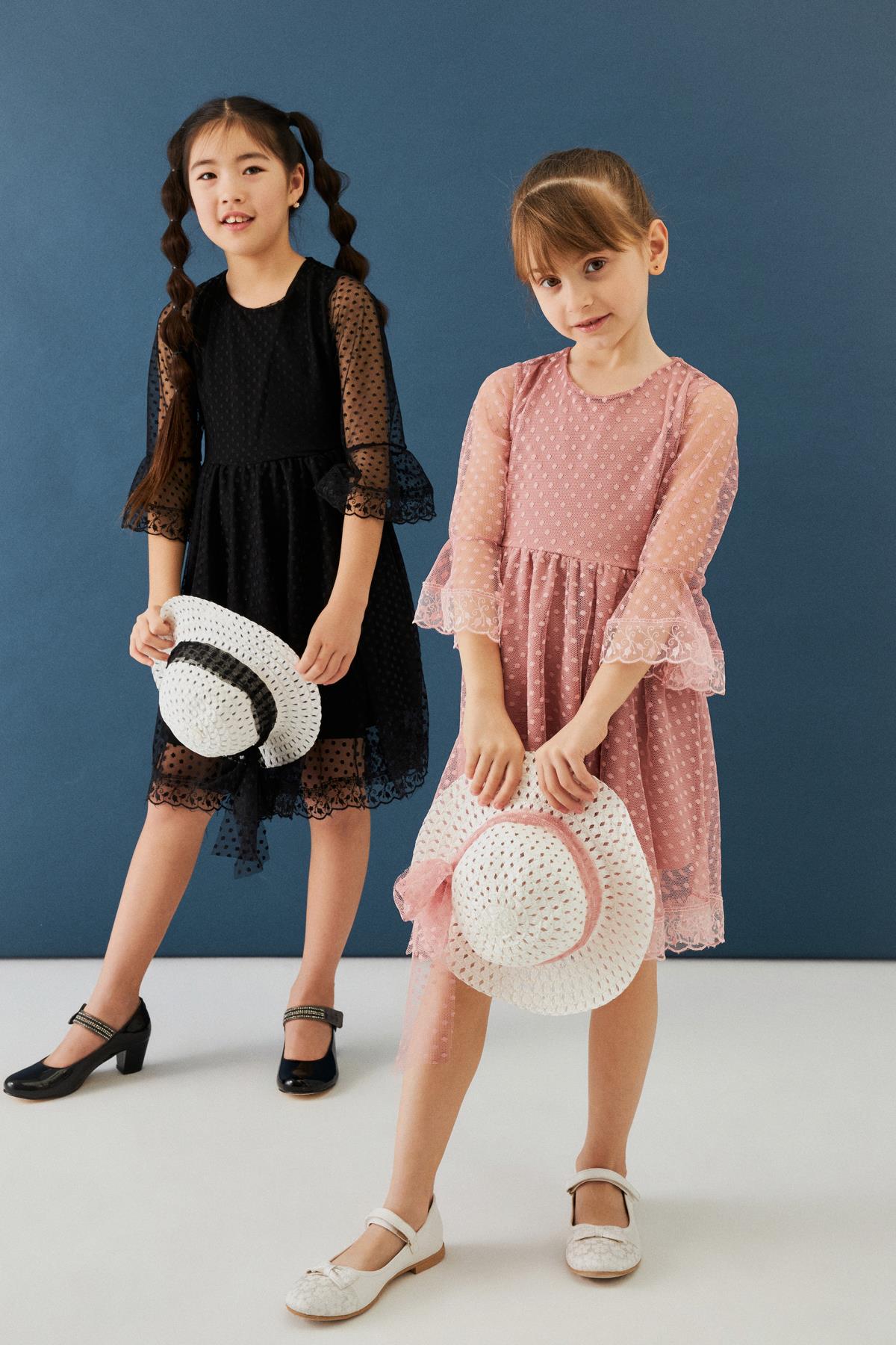 Şapka ve Kemer Detaylı Kız Çocuk Elbise Somon - Perendi