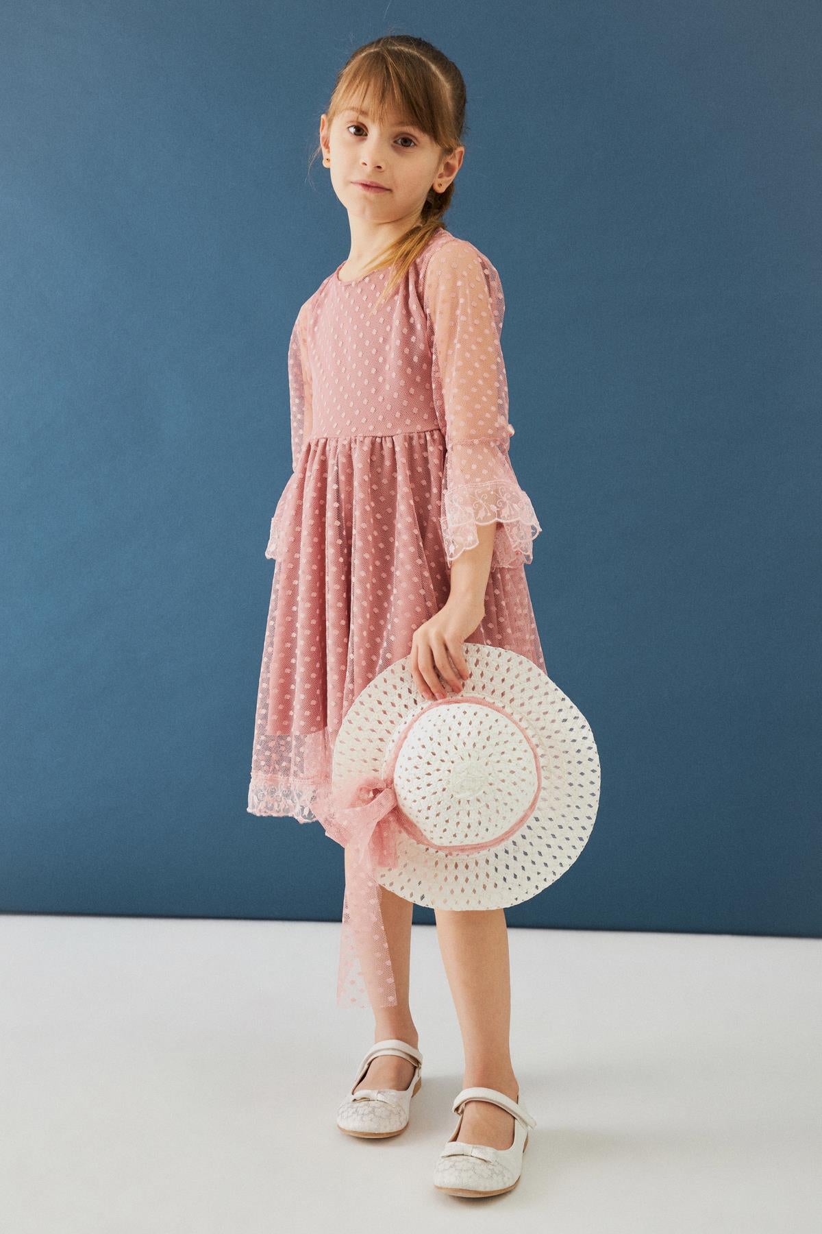 Şapka ve Kemer Detaylı Kız Çocuk Elbise Somon - Perendi