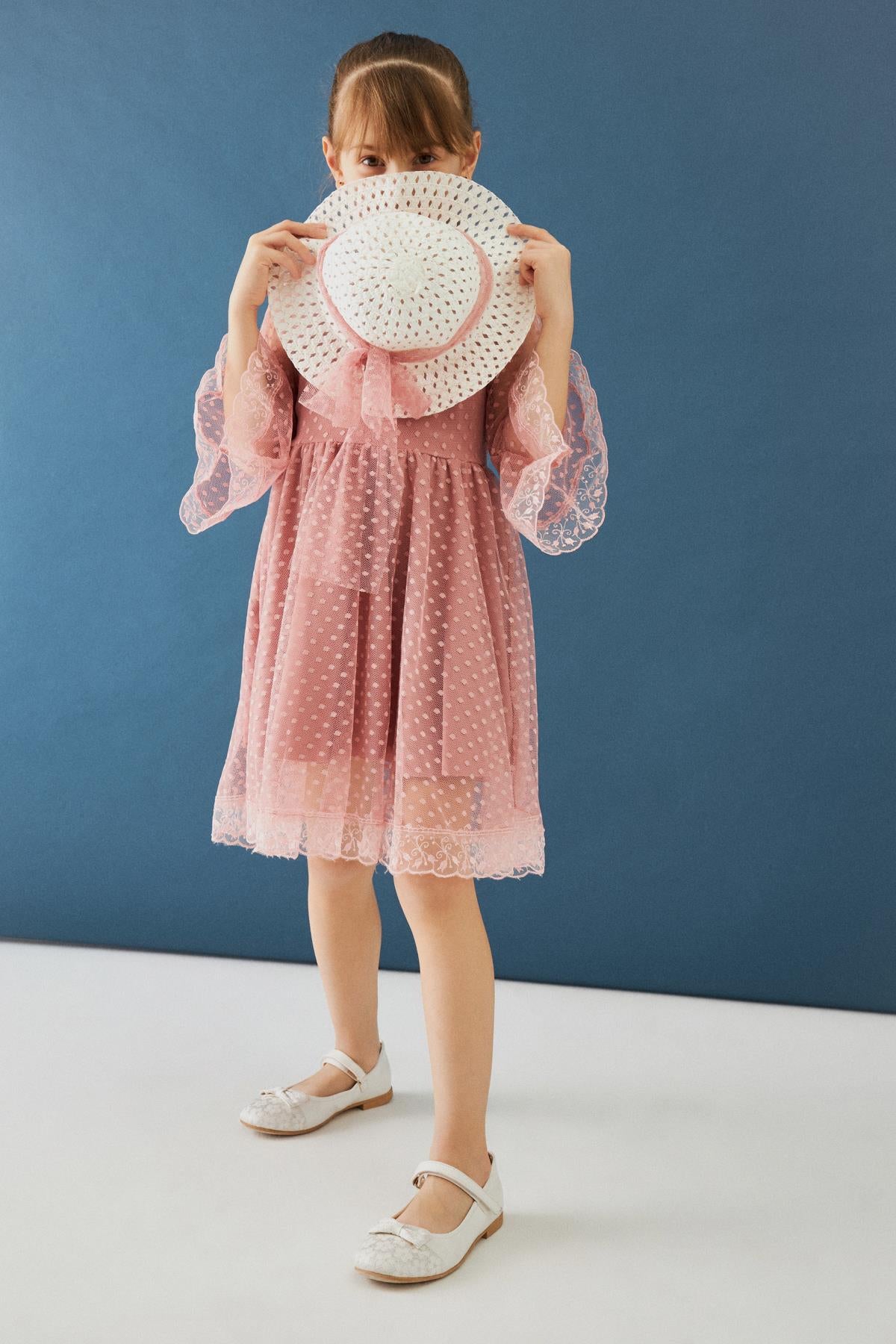 Şapka ve Kemer Detaylı Kız Çocuk Elbise Somon - Perendi