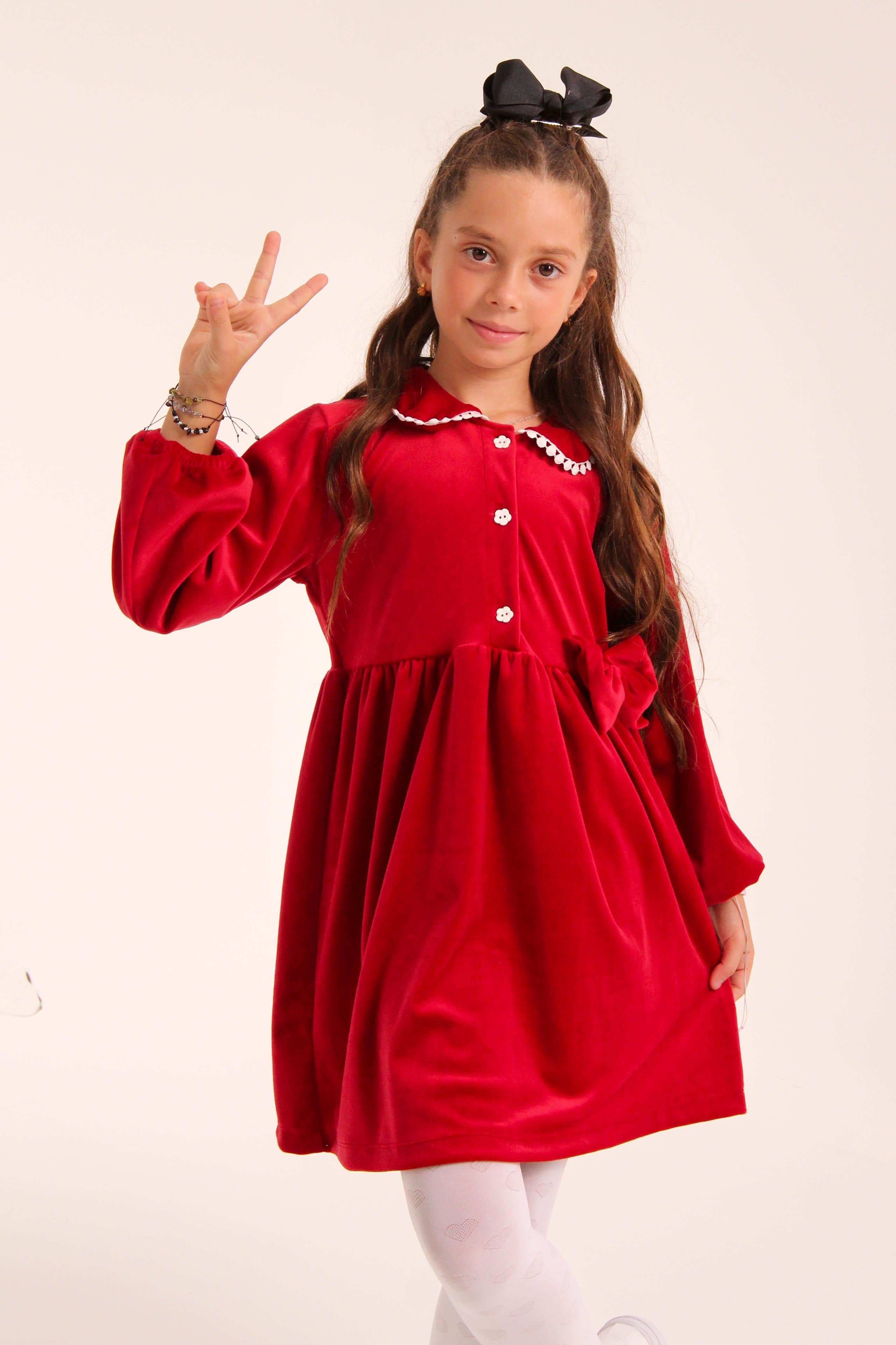 Şık Kadife Düğmeli Elbise Kız Çocuk