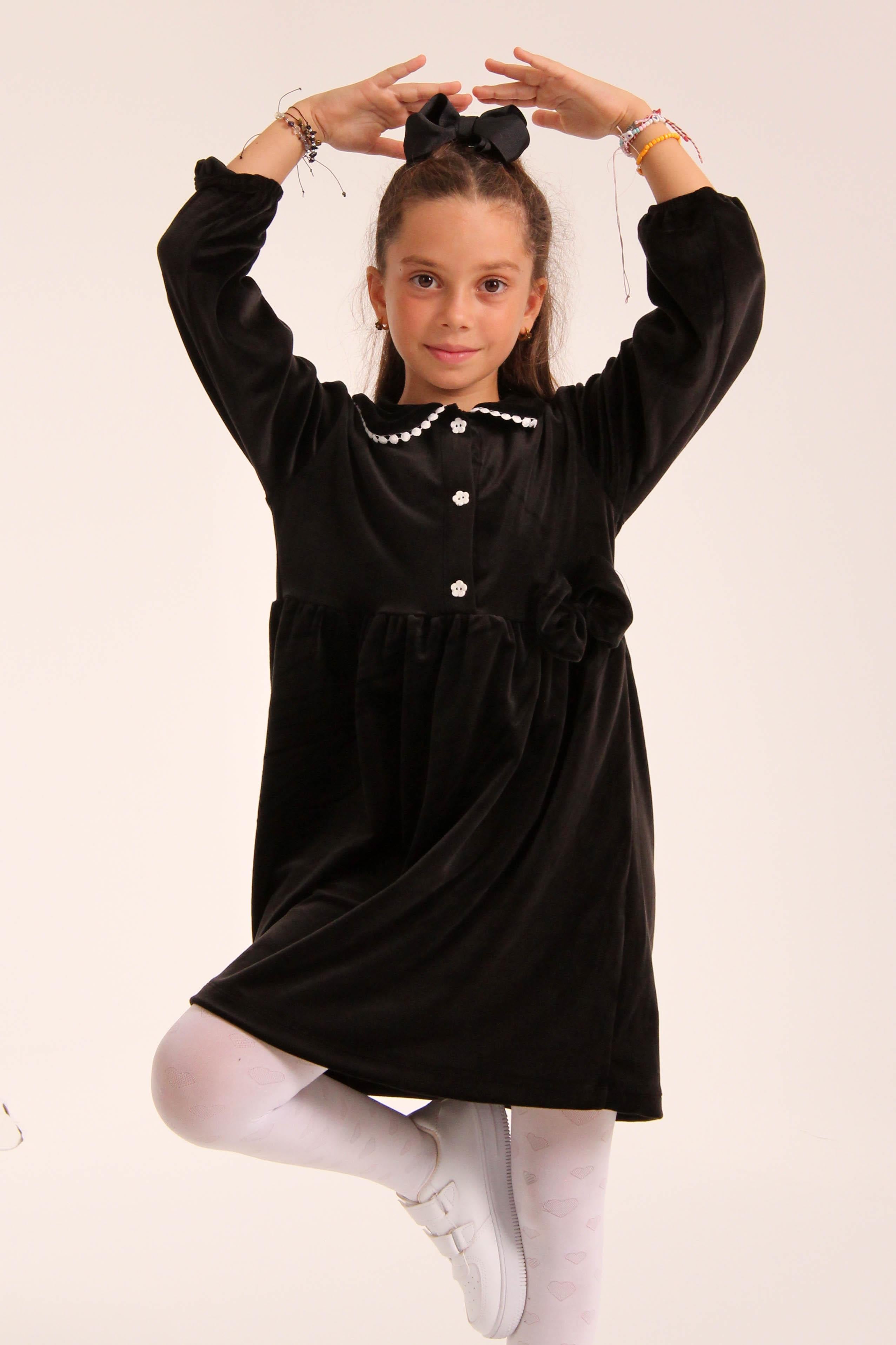 Şık Kadife Düğmeli Elbise Kız Çocuk
