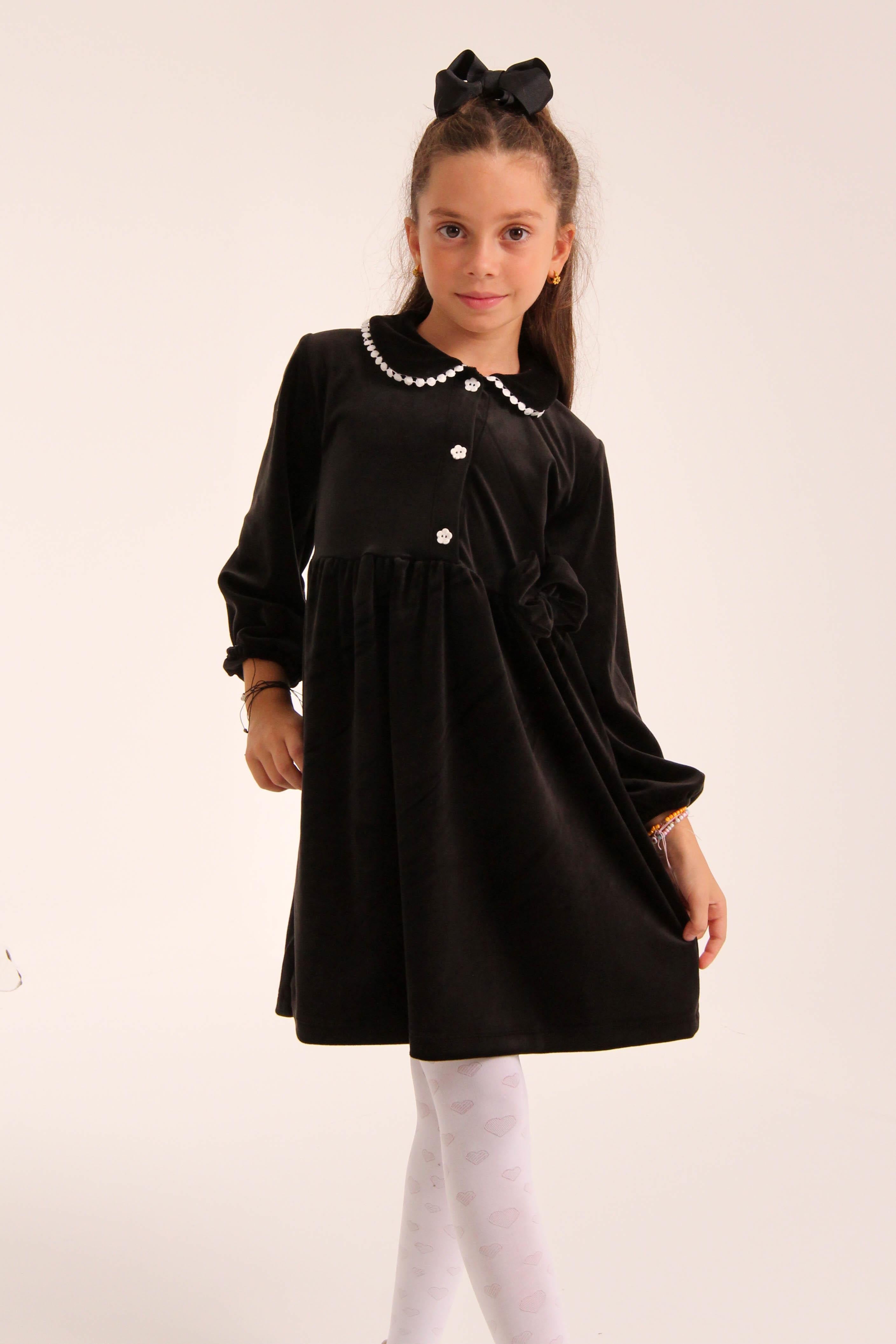 Şık Kadife Düğmeli Elbise Kız Çocuk