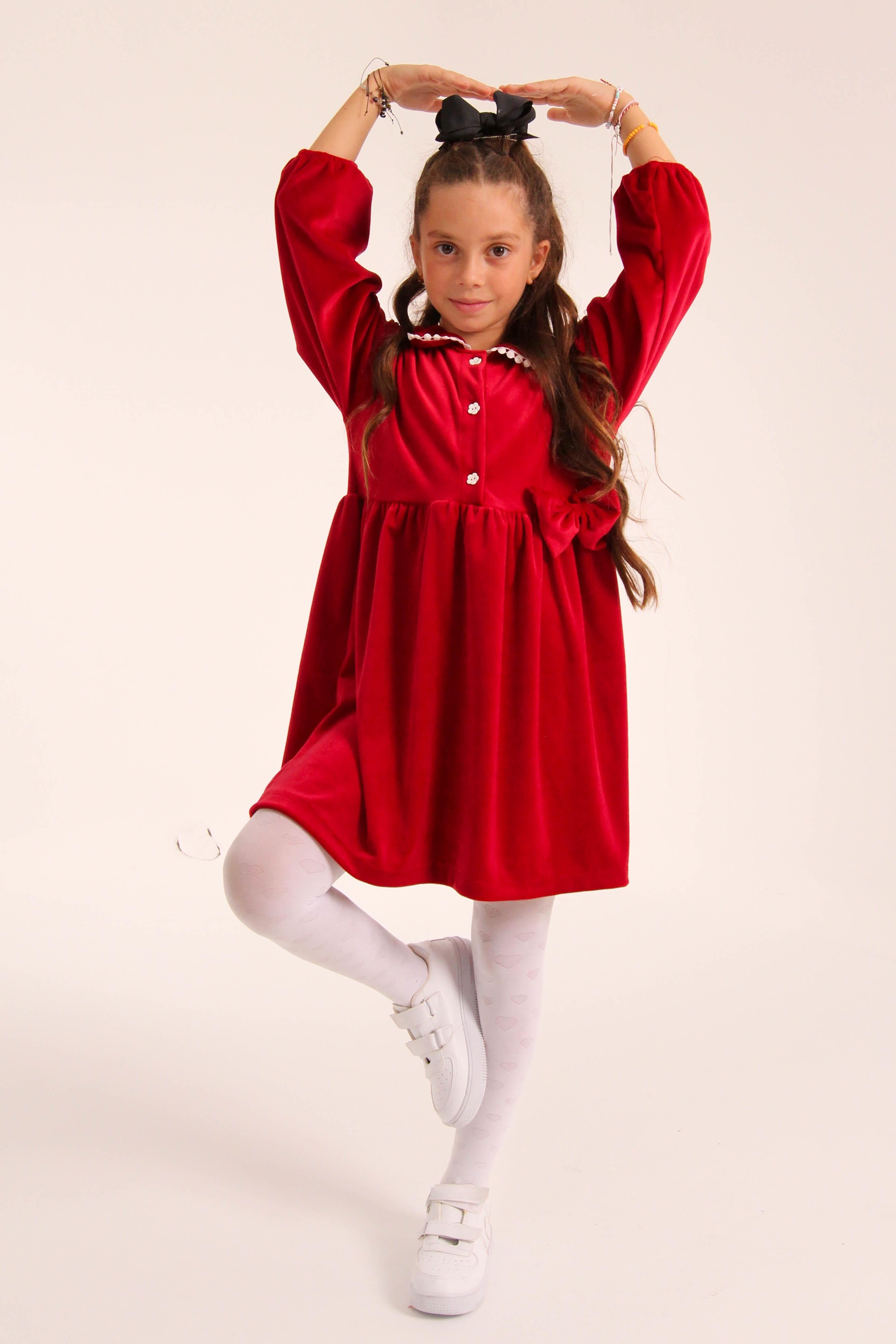 Şık Kadife Düğmeli Elbise Kız Çocuk Kırmızı - Perendi