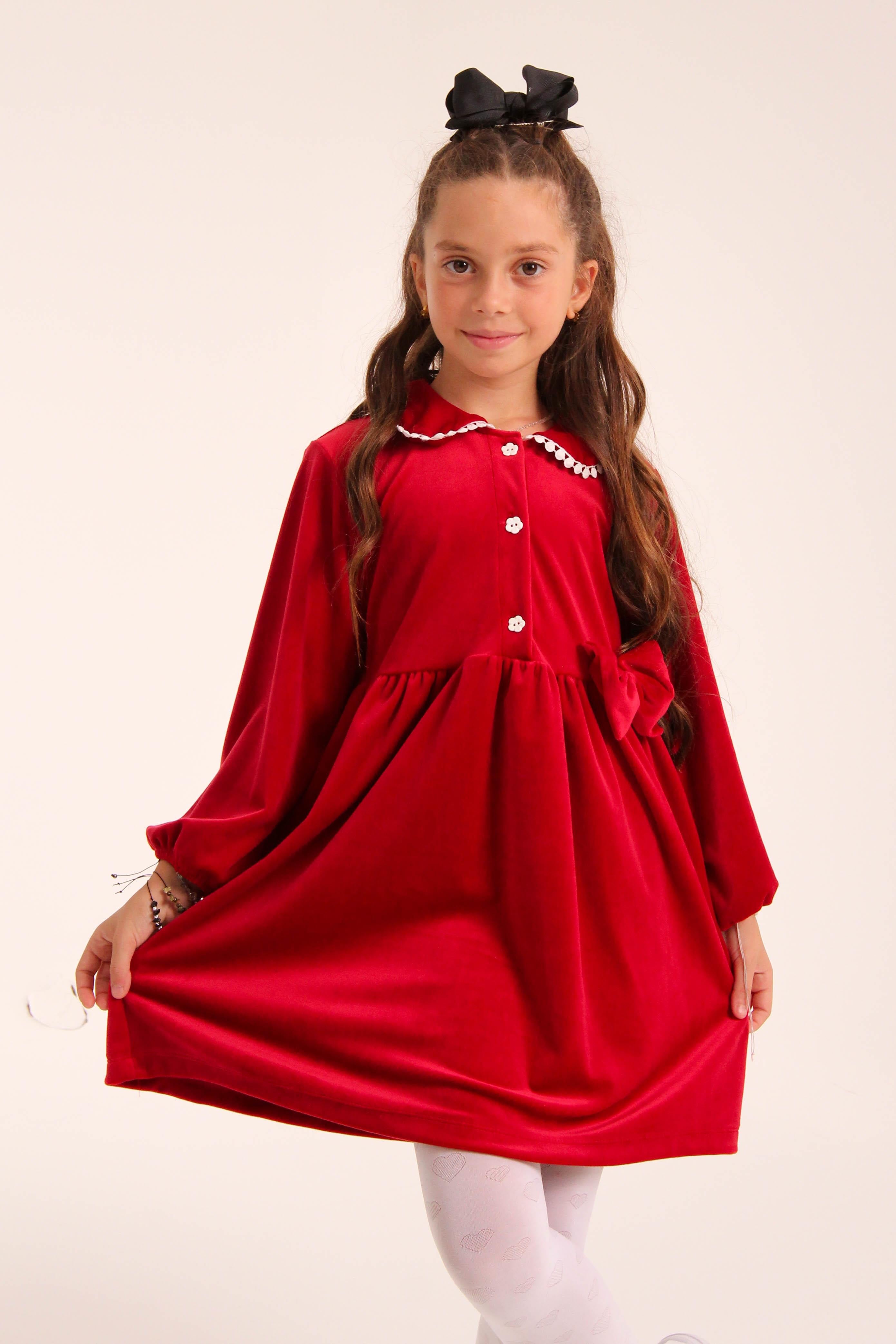 Şık Kadife Düğmeli Elbise Kız Çocuk Kırmızı - Perendi