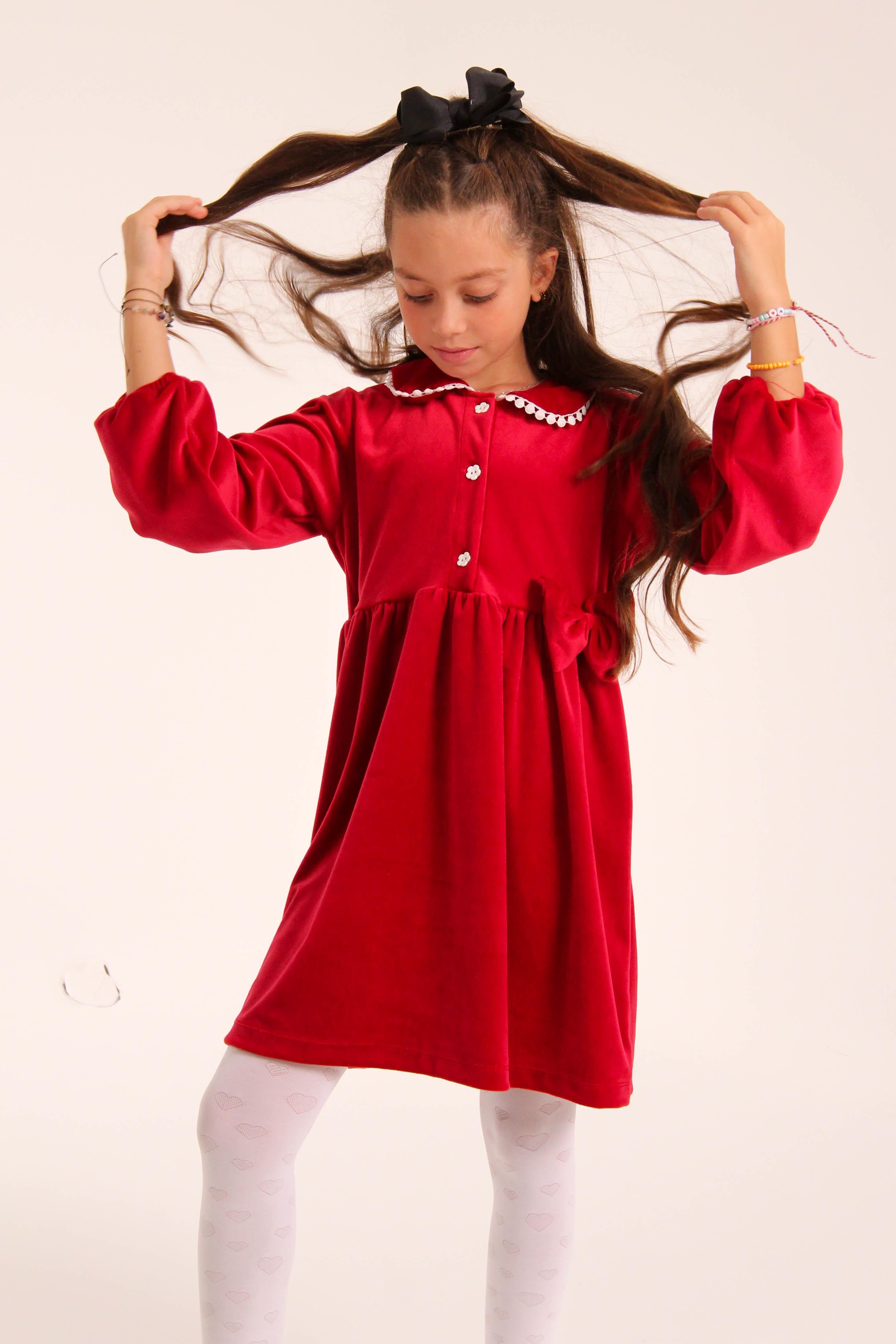 Şık Kadife Düğmeli Elbise Kız Çocuk Kırmızı - Perendi
