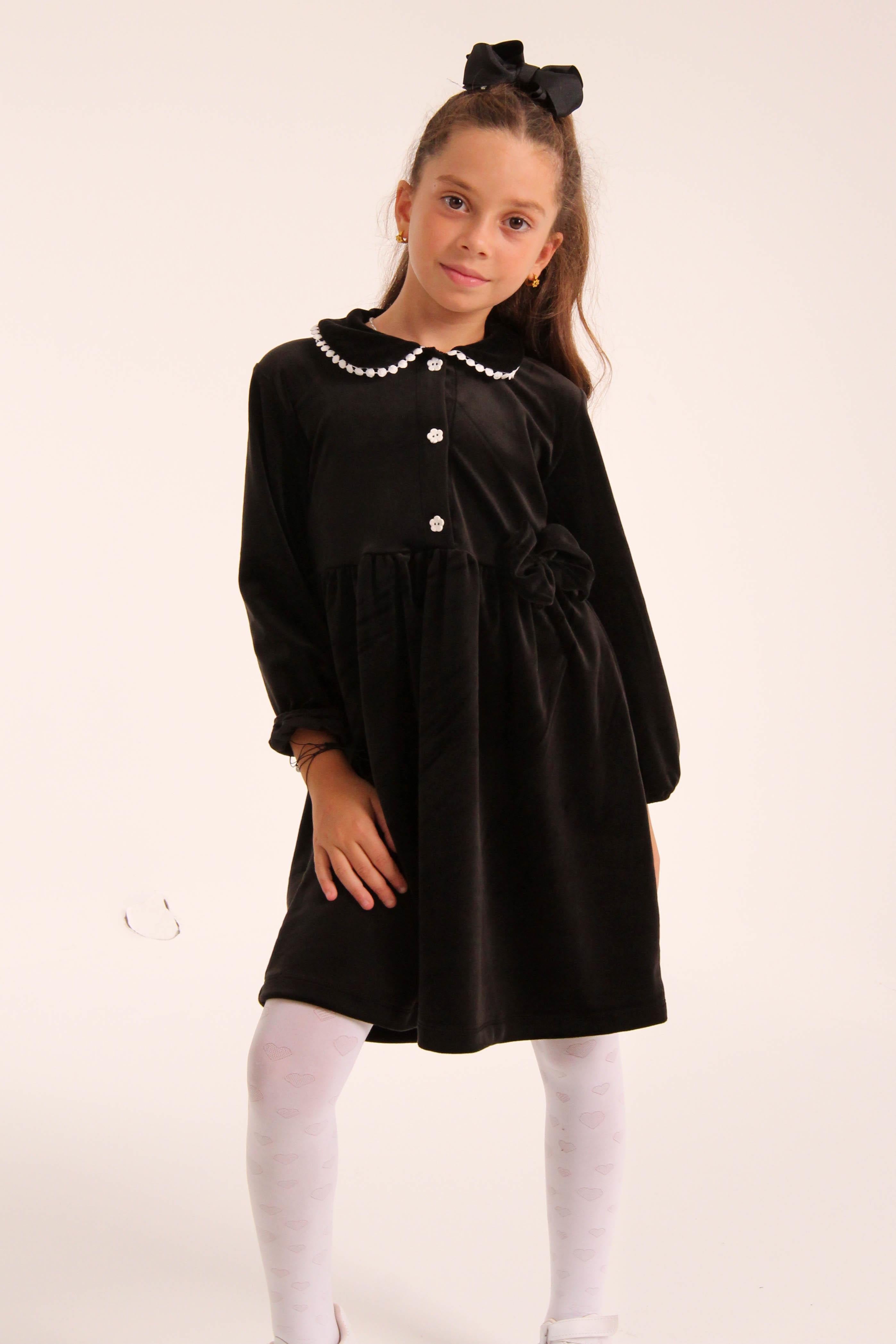 Şık Kadife Düğmeli Elbise Kız Çocuk Siyah - Perendi