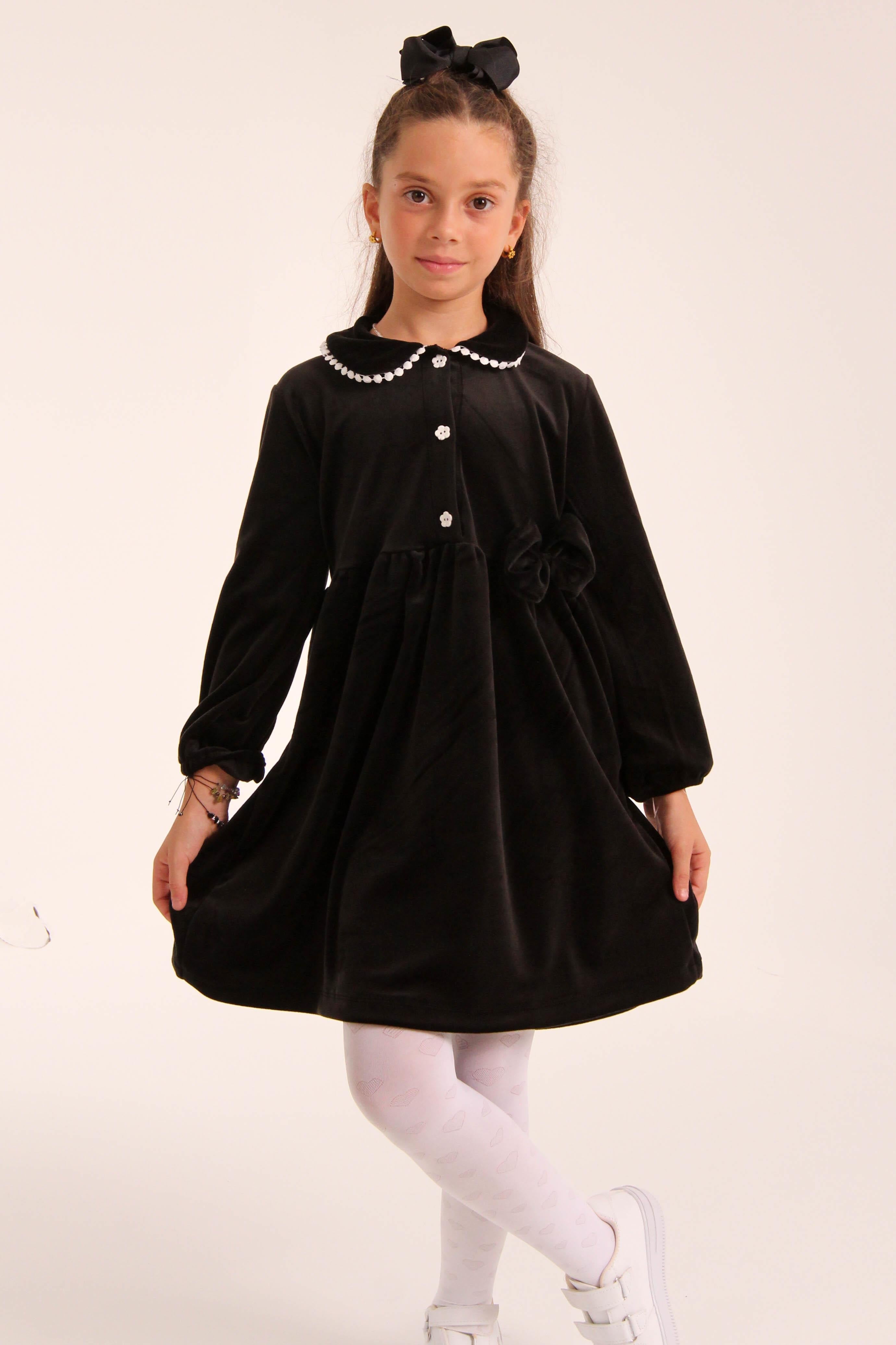 Şık Kadife Düğmeli Elbise Kız Çocuk Siyah - Perendi