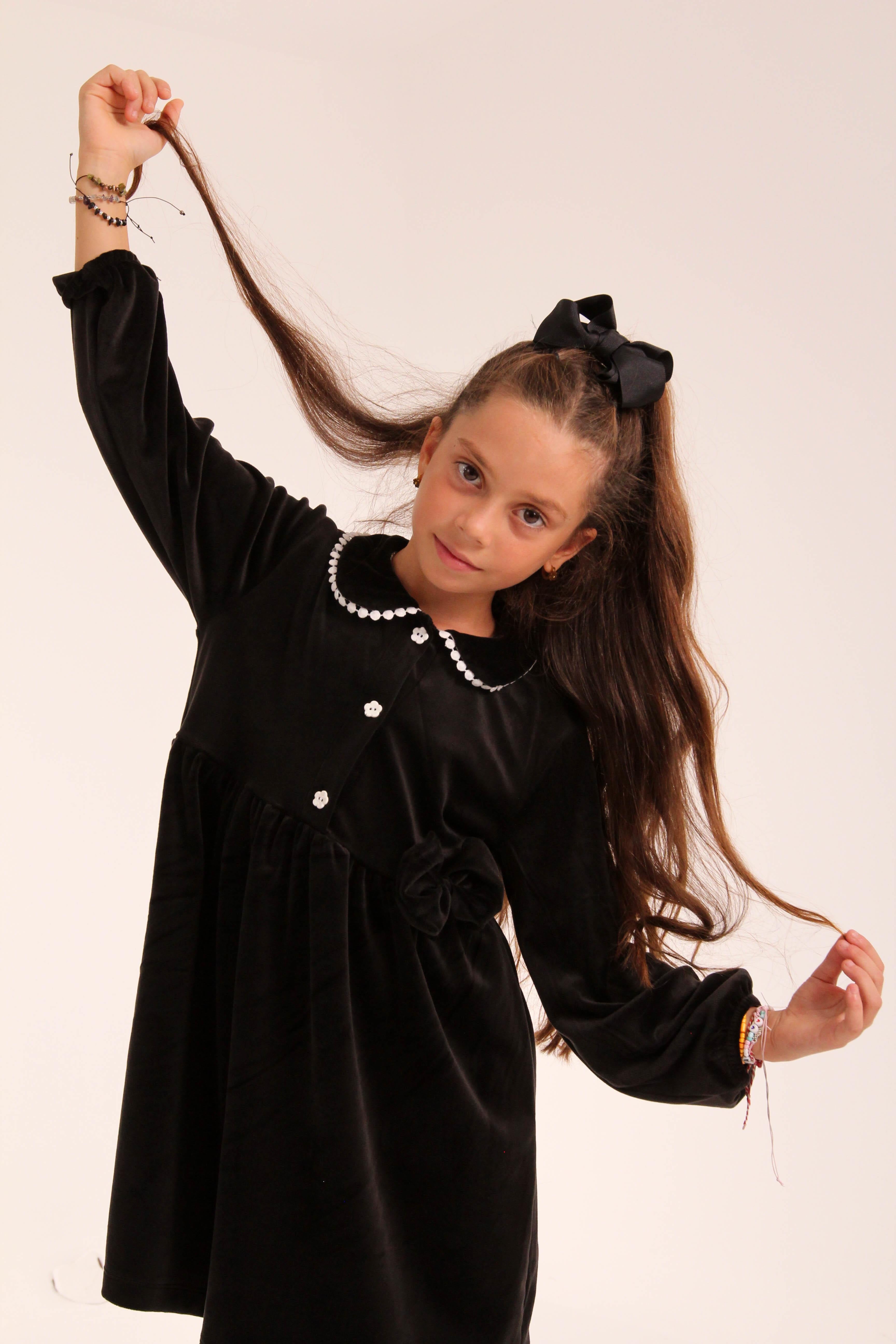 Şık Kadife Düğmeli Elbise Kız Çocuk Siyah - Perendi