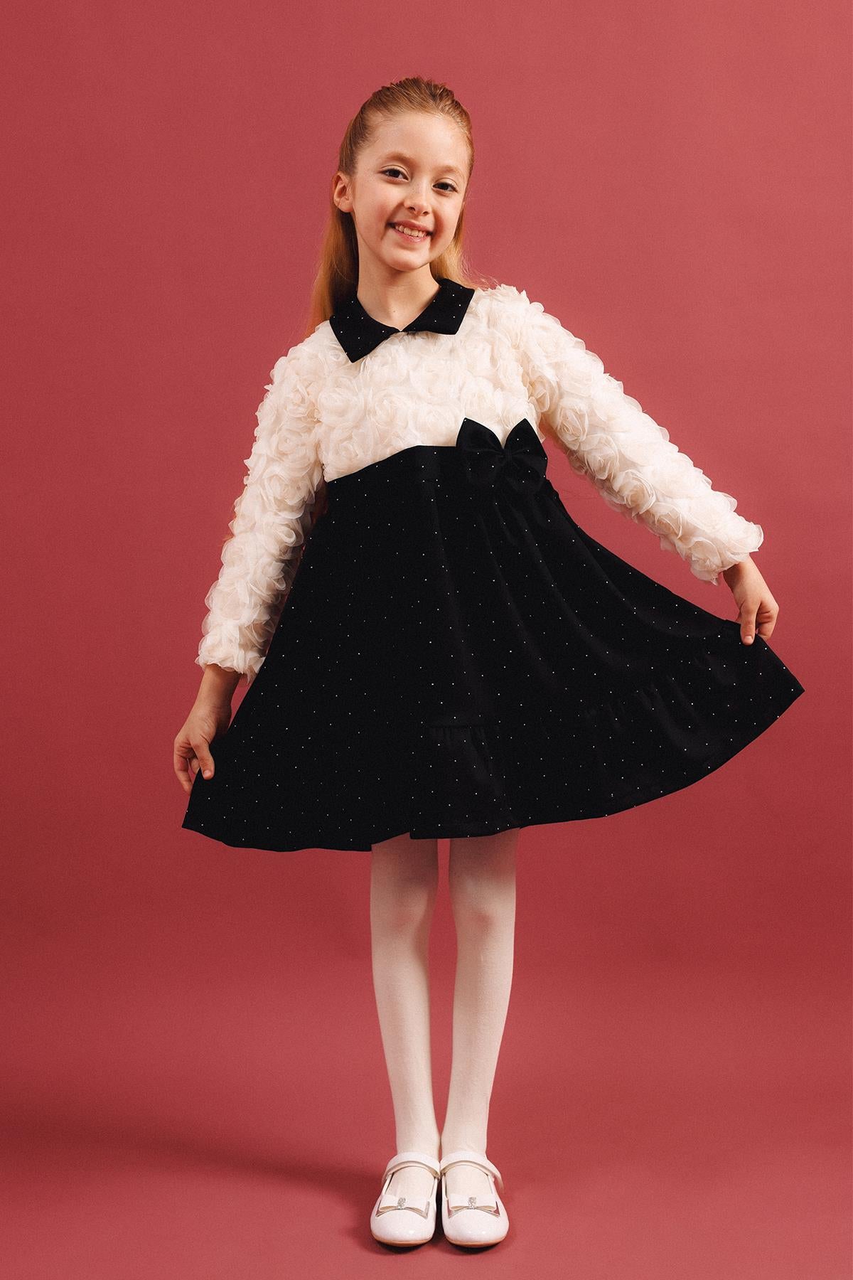 Kız Çocuk Yakalı Gül Dokulu Pamuk Astarlı Özel Gün Elbisesi