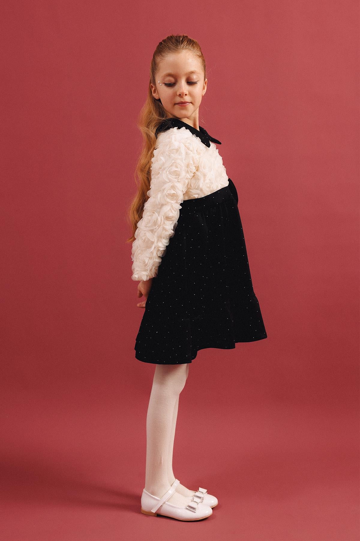 Kız Çocuk Yakalı Gül Dokulu Pamuk Astarlı Özel Gün Elbisesi