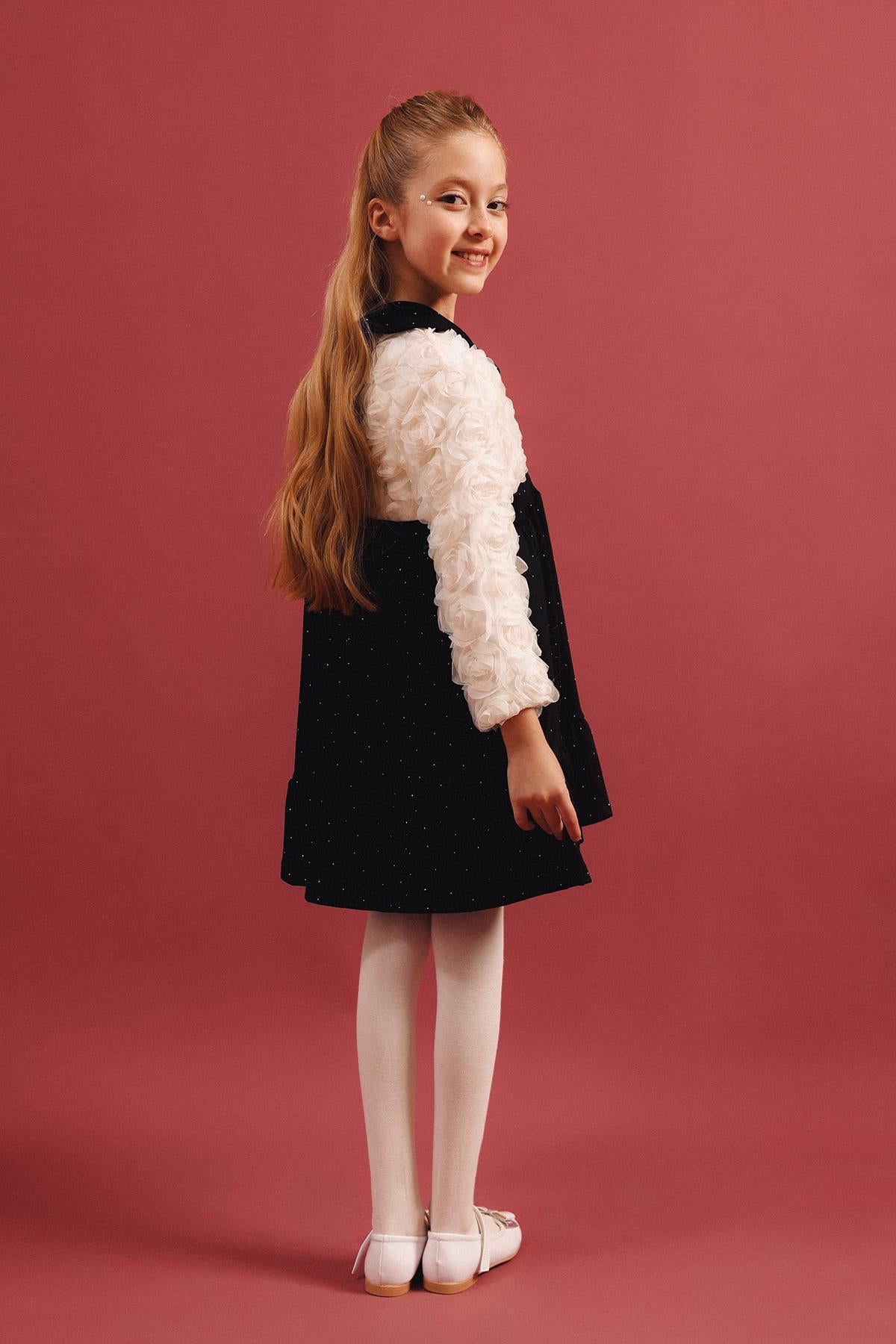 Kız Çocuk Yakalı Gül Dokulu Pamuk Astarlı Özel Gün Elbisesi