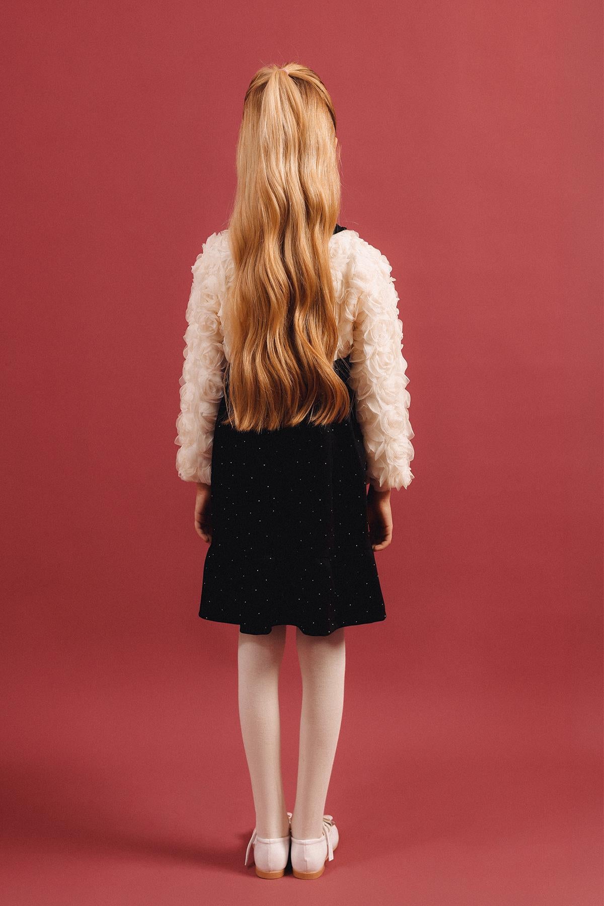 Kız Çocuk Yakalı Gül Dokulu Pamuk Astarlı Özel Gün Elbisesi