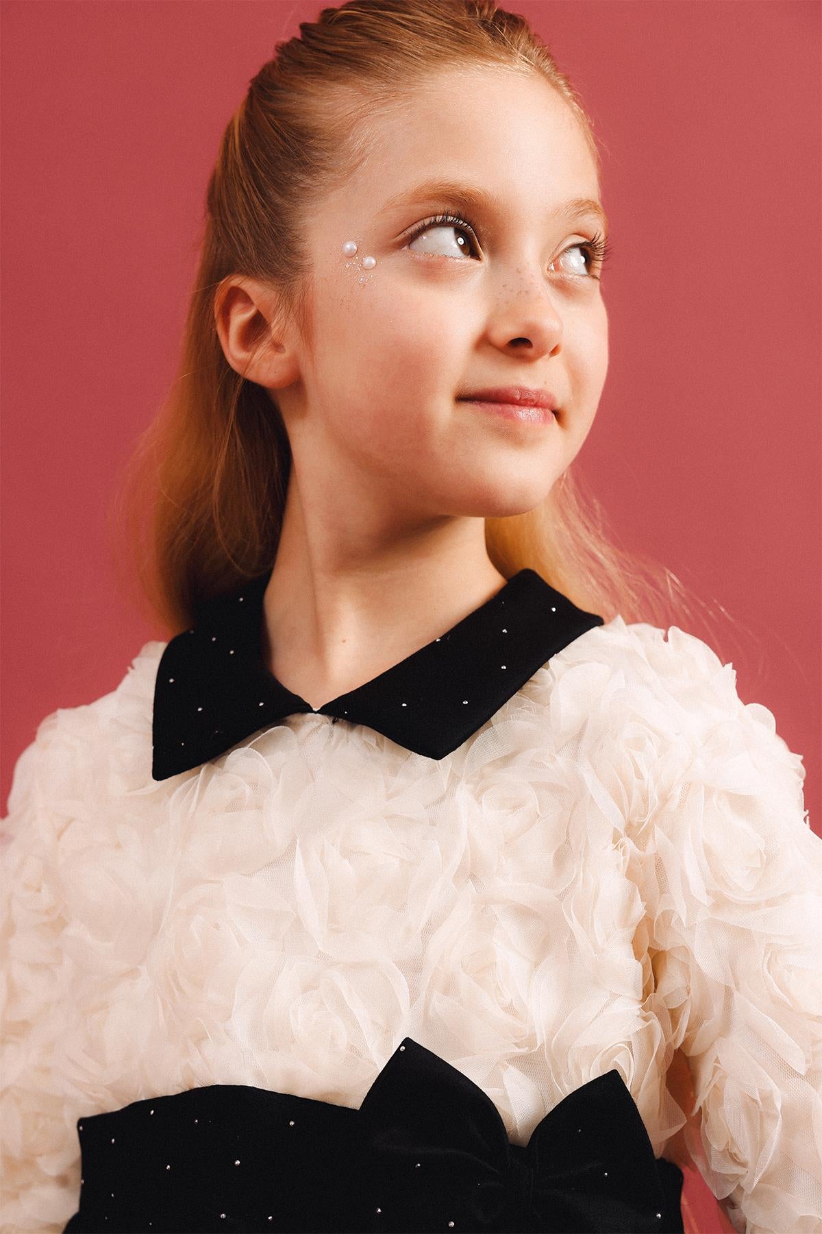 Kız Çocuk Yakalı Gül Dokulu Pamuk Astarlı Özel Gün Elbisesi