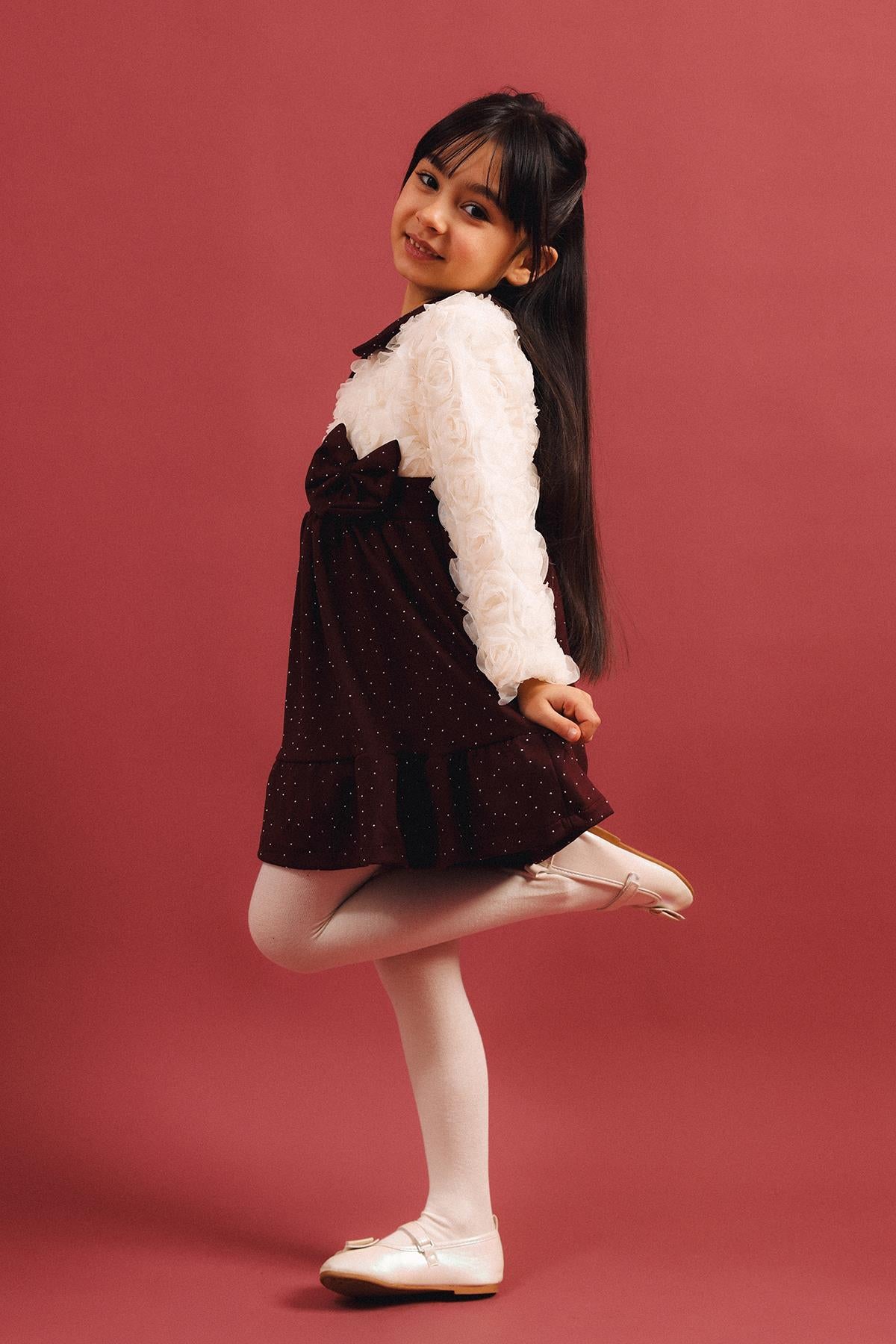 Kız Çocuk Yakalı Gül Dokulu Pamuk Astarlı Özel Gün Elbisesi