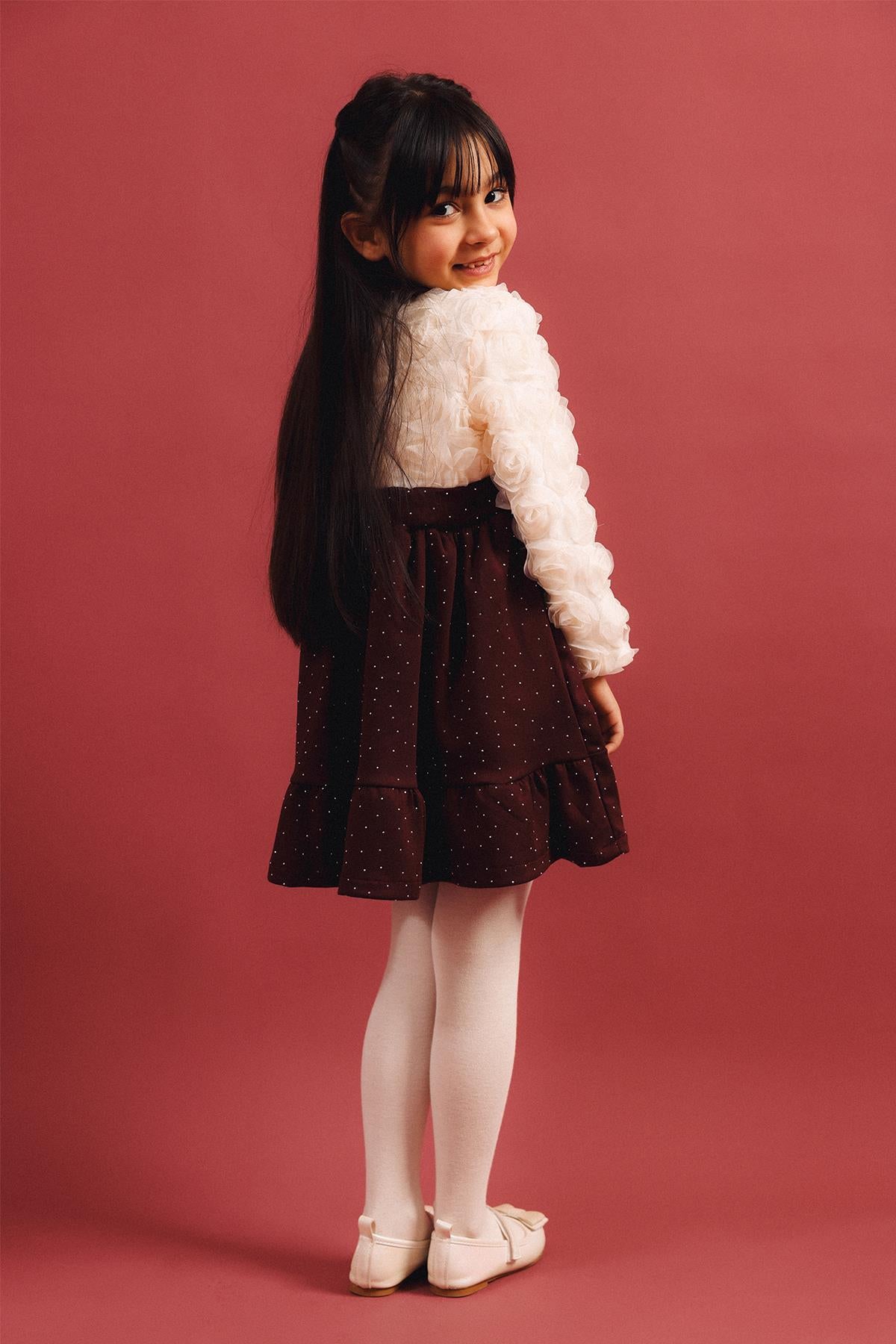 Kız Çocuk Yakalı Gül Dokulu Pamuk Astarlı Özel Gün Elbisesi