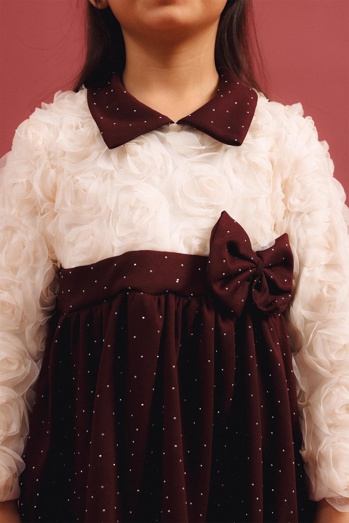 Kız Çocuk Yakalı Gül Dokulu Pamuk Astarlı Özel Gün Elbisesi