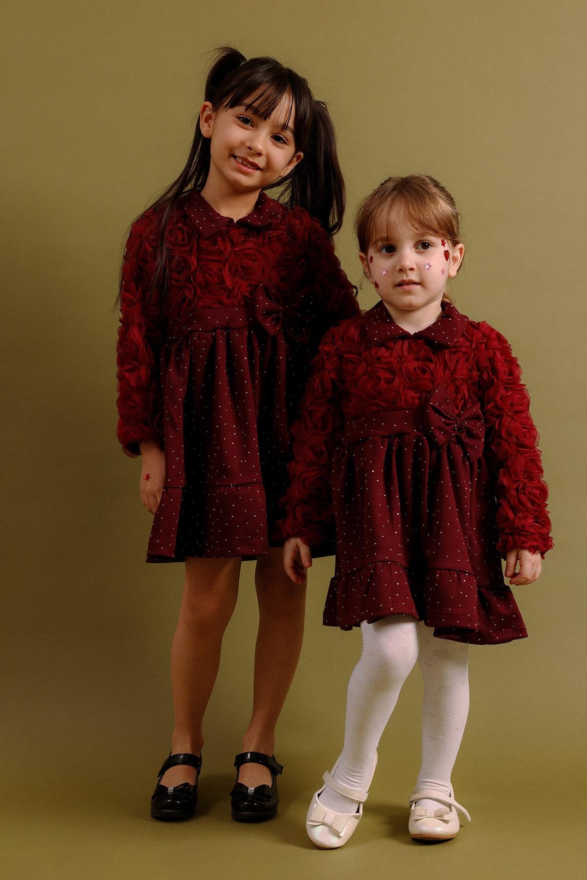 Kız Çocuk Yakalı Gül Dokulu Pamuk Astarlı Özel Gün Elbisesi