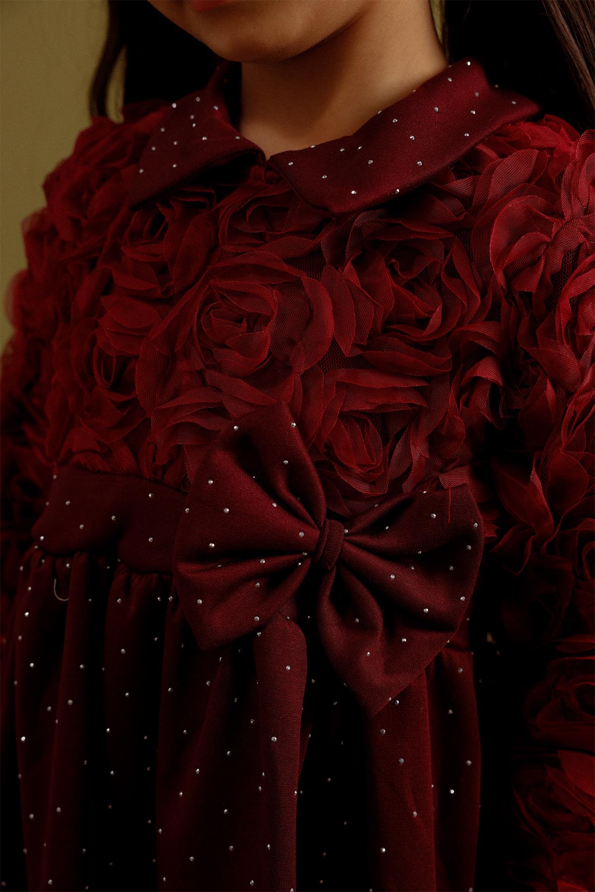 Kız Çocuk Yakalı Gül Dokulu Pamuk Astarlı Özel Gün Elbisesi