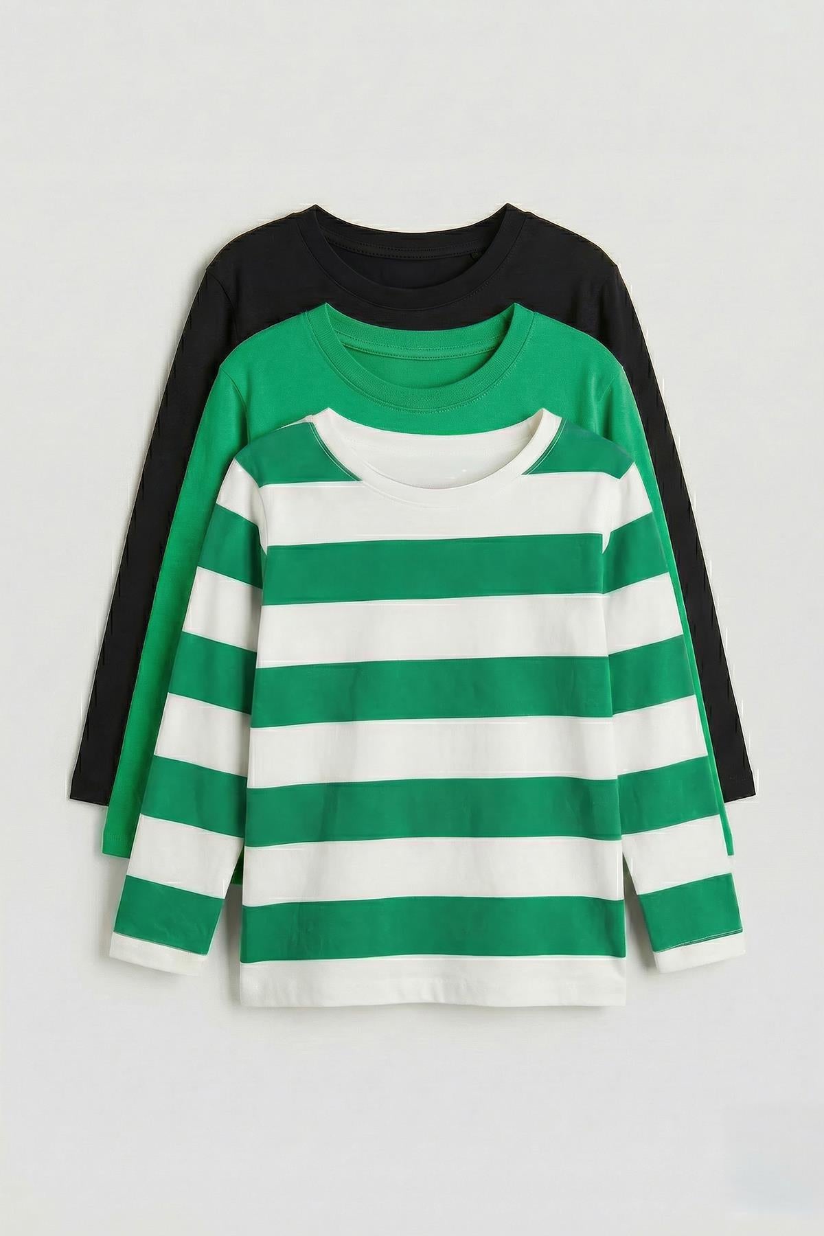 Unisex %100 Pamuk Uzun Kollu 3'lü Çocuk Sweatshirt Seti – Çizgili & Düz Basic