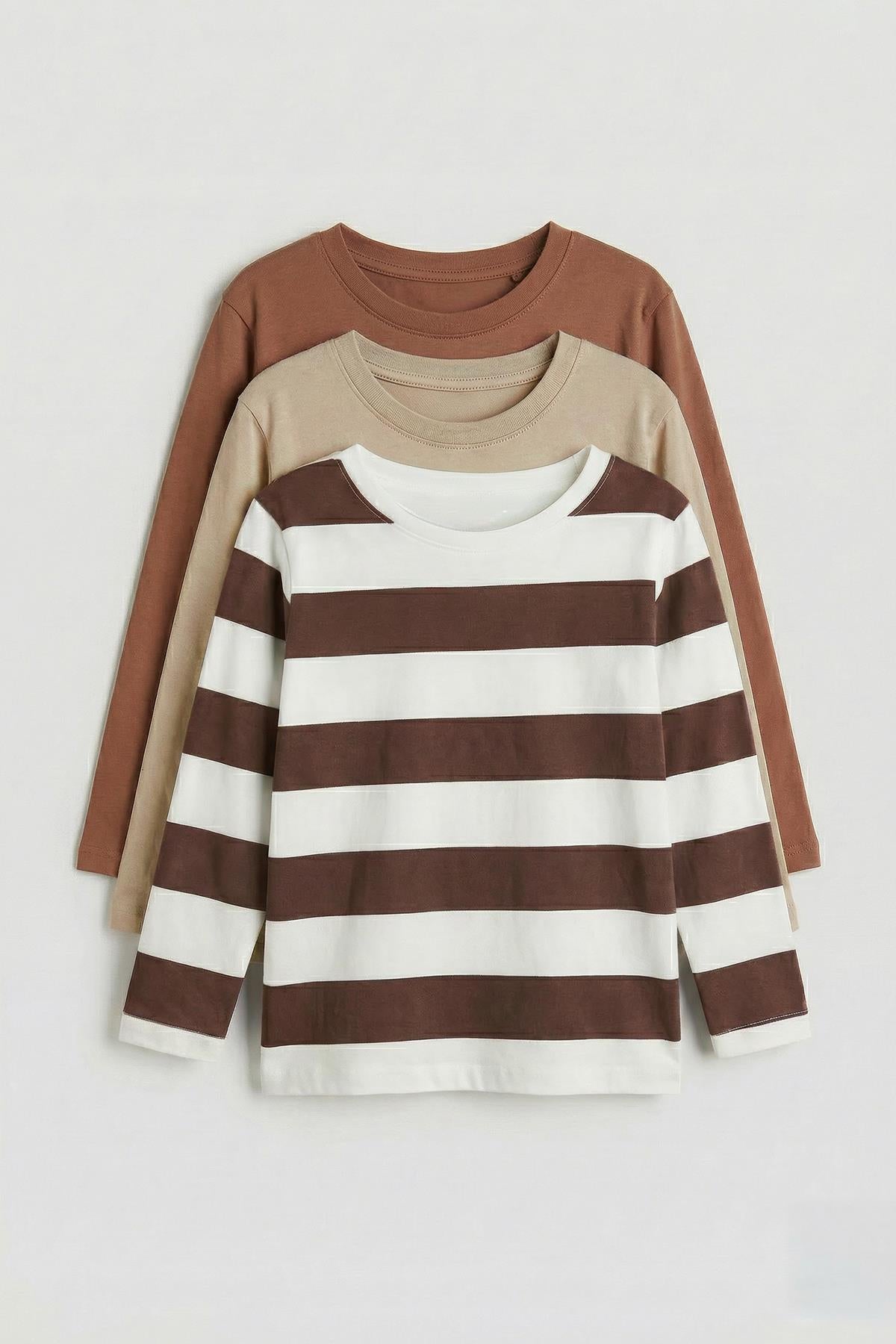Unisex %100 Pamuk Uzun Kollu 3'lü Çocuk Sweatshirt Seti – Çizgili & Düz Basic