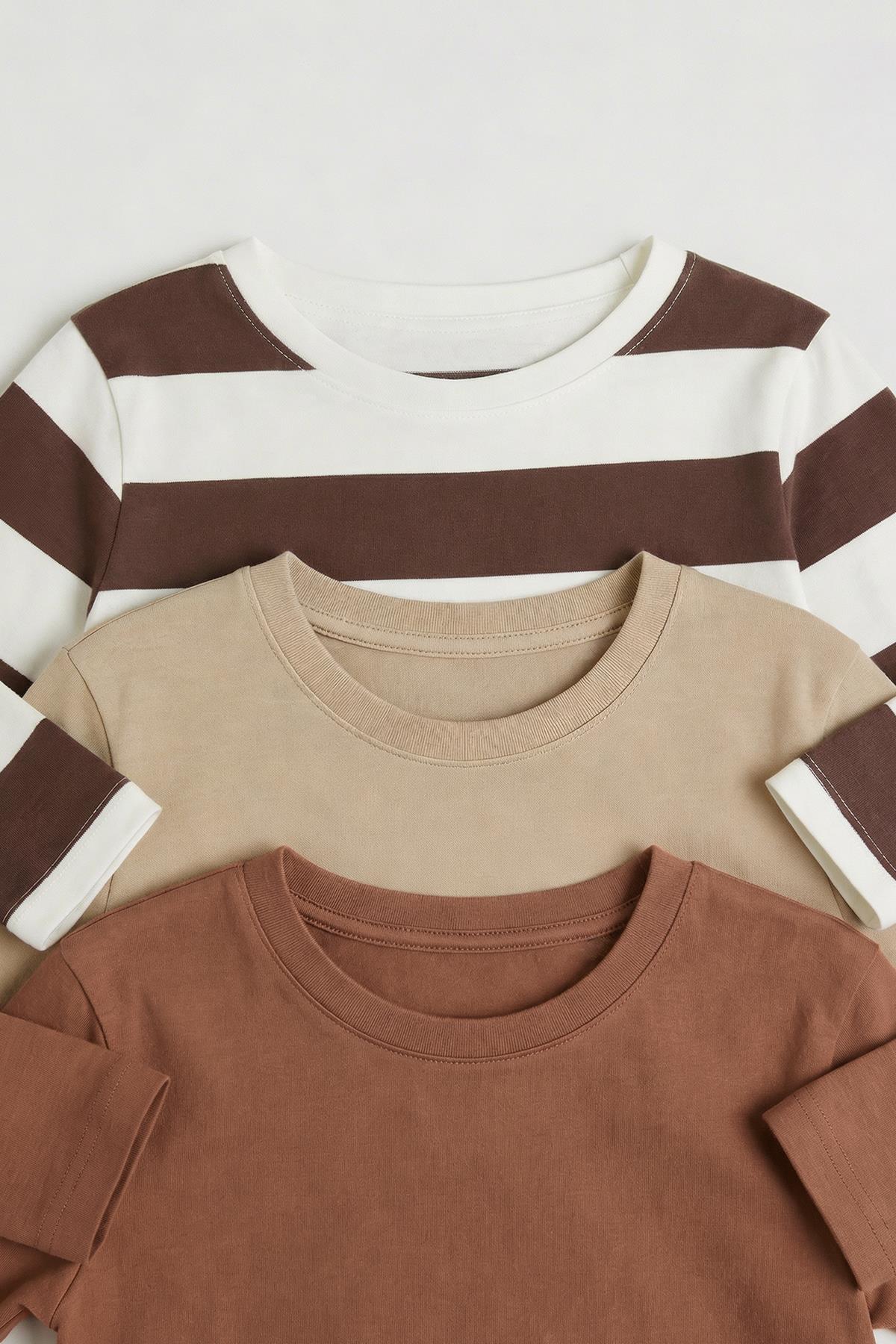 Unisex %100 Pamuk Uzun Kollu 3'lü Çocuk Sweatshirt Seti – Çizgili & Düz Basic