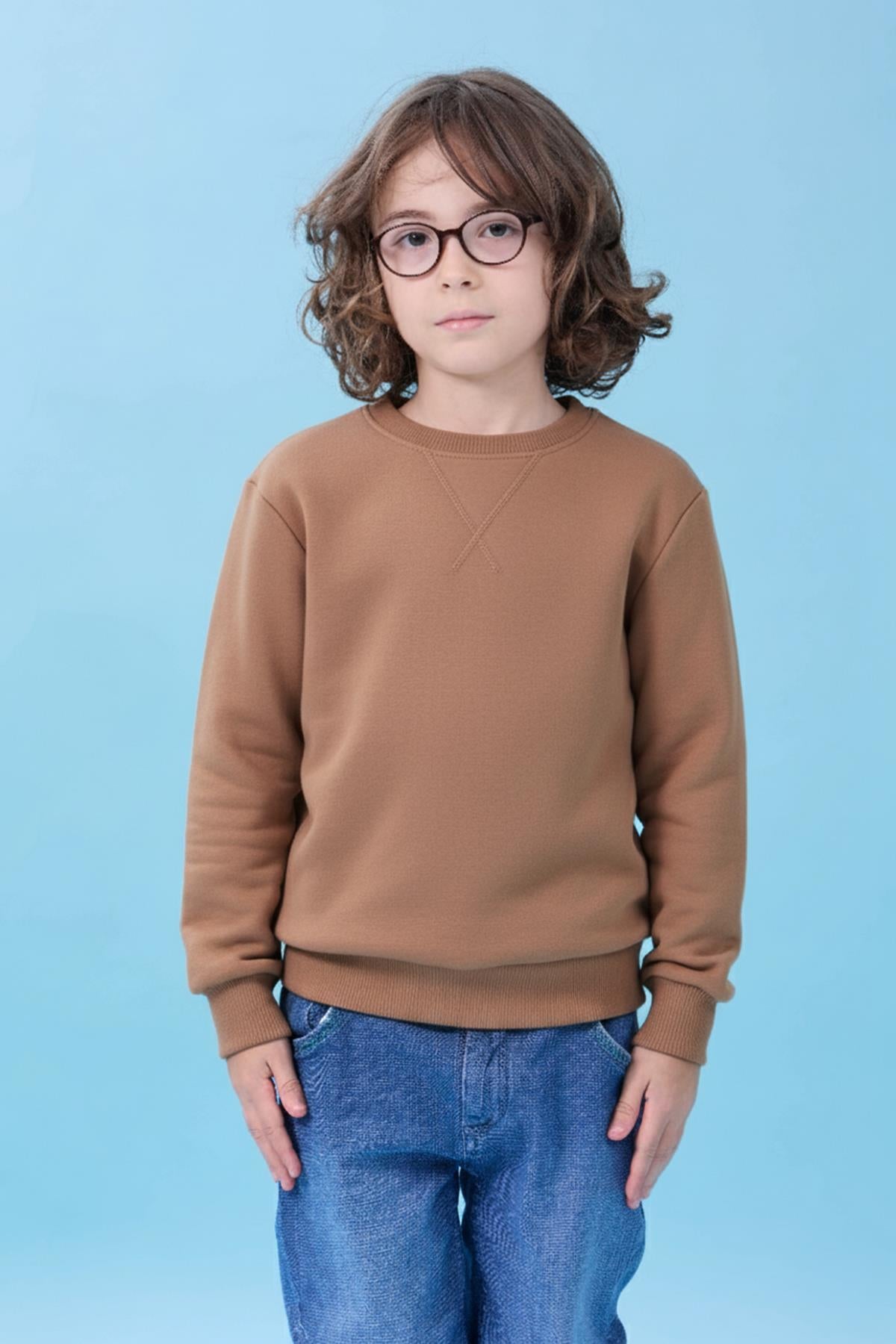 Unisex Basic Bisiklet Yaka Şardonlu Kışlık Sweatshirt