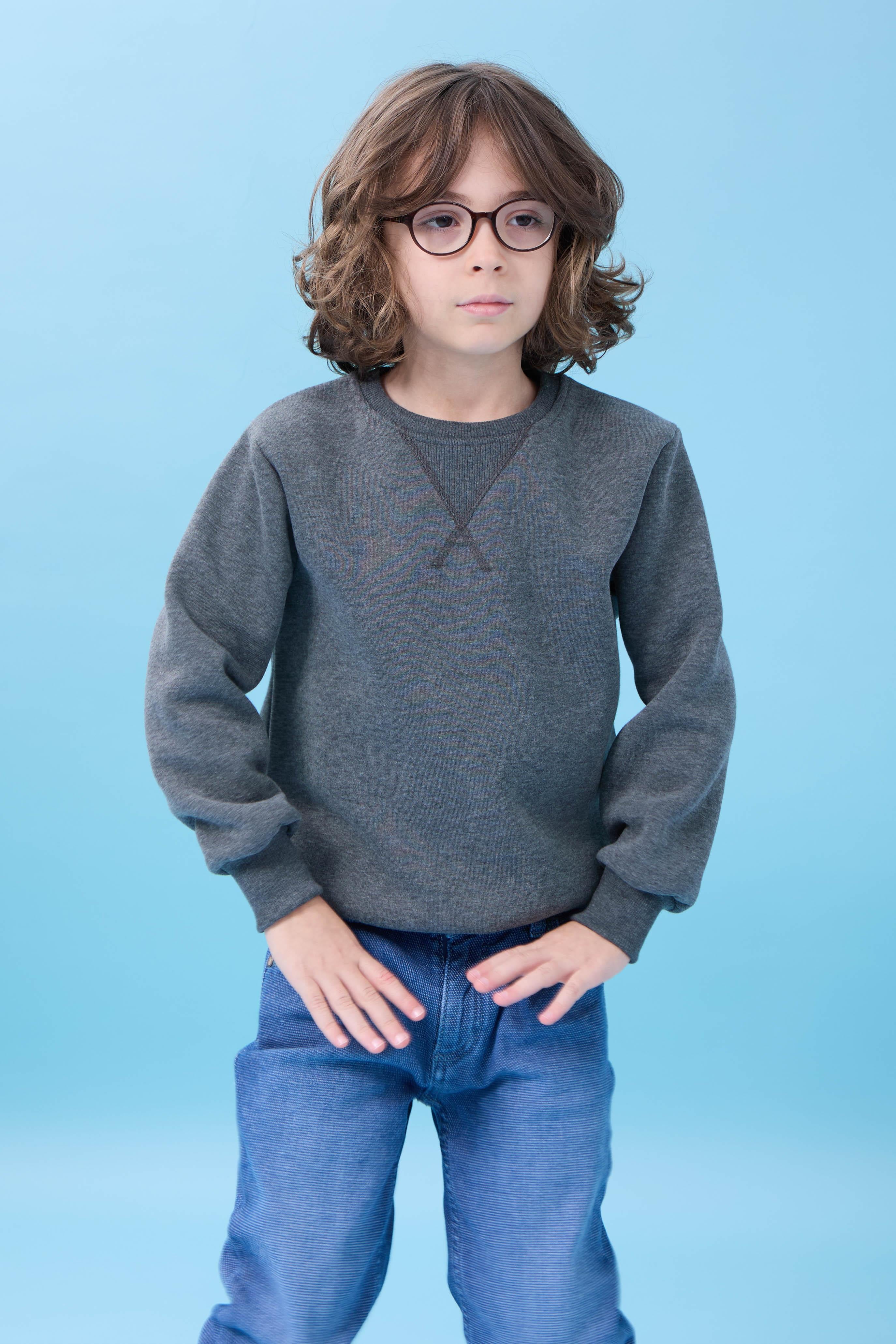 Unisex Basic Bisiklet Yaka Şardonlu Kışlık Sweatshirt - Antrasit