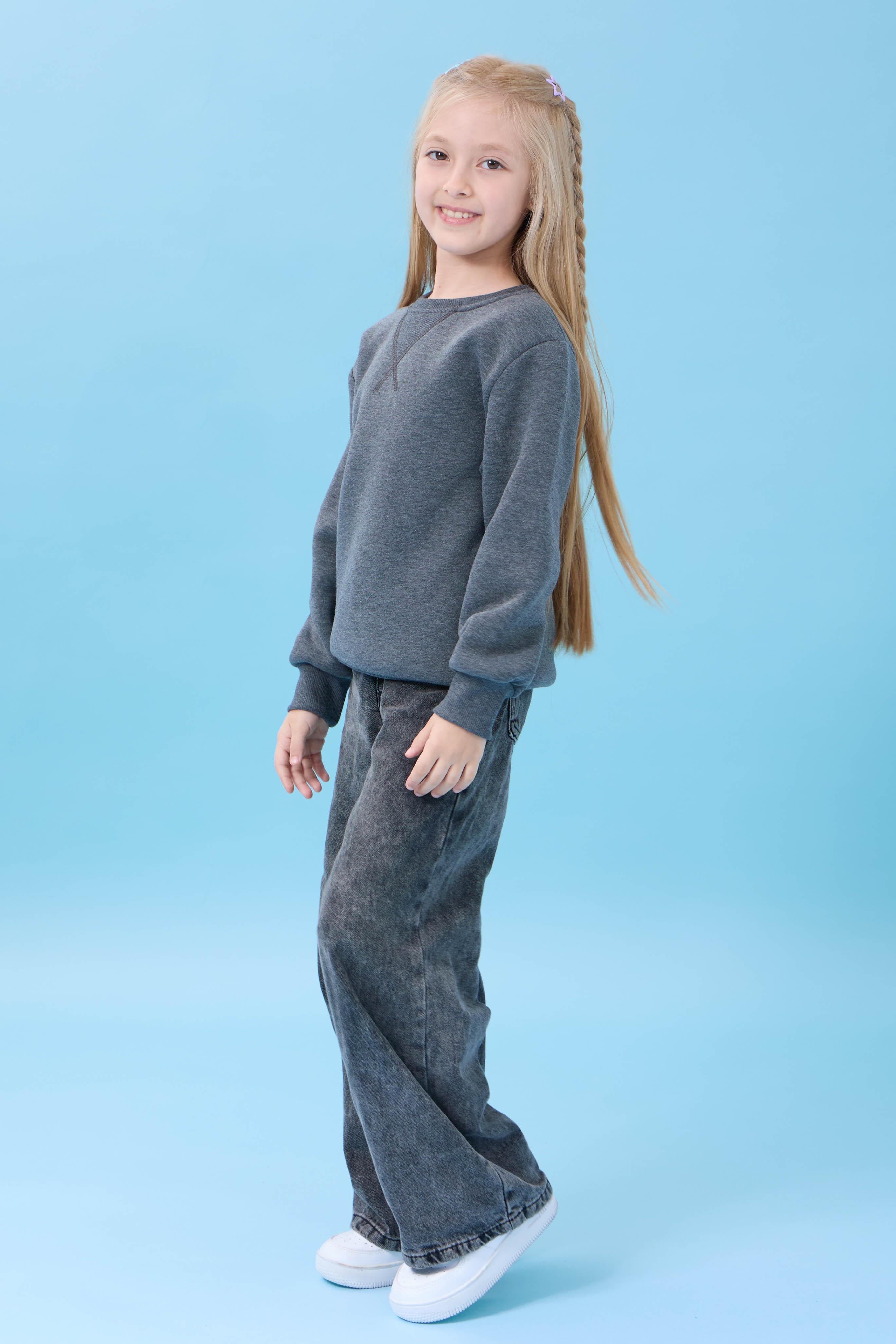 Unisex Basic Bisiklet Yaka Şardonlu Kışlık Sweatshirt - Antrasit