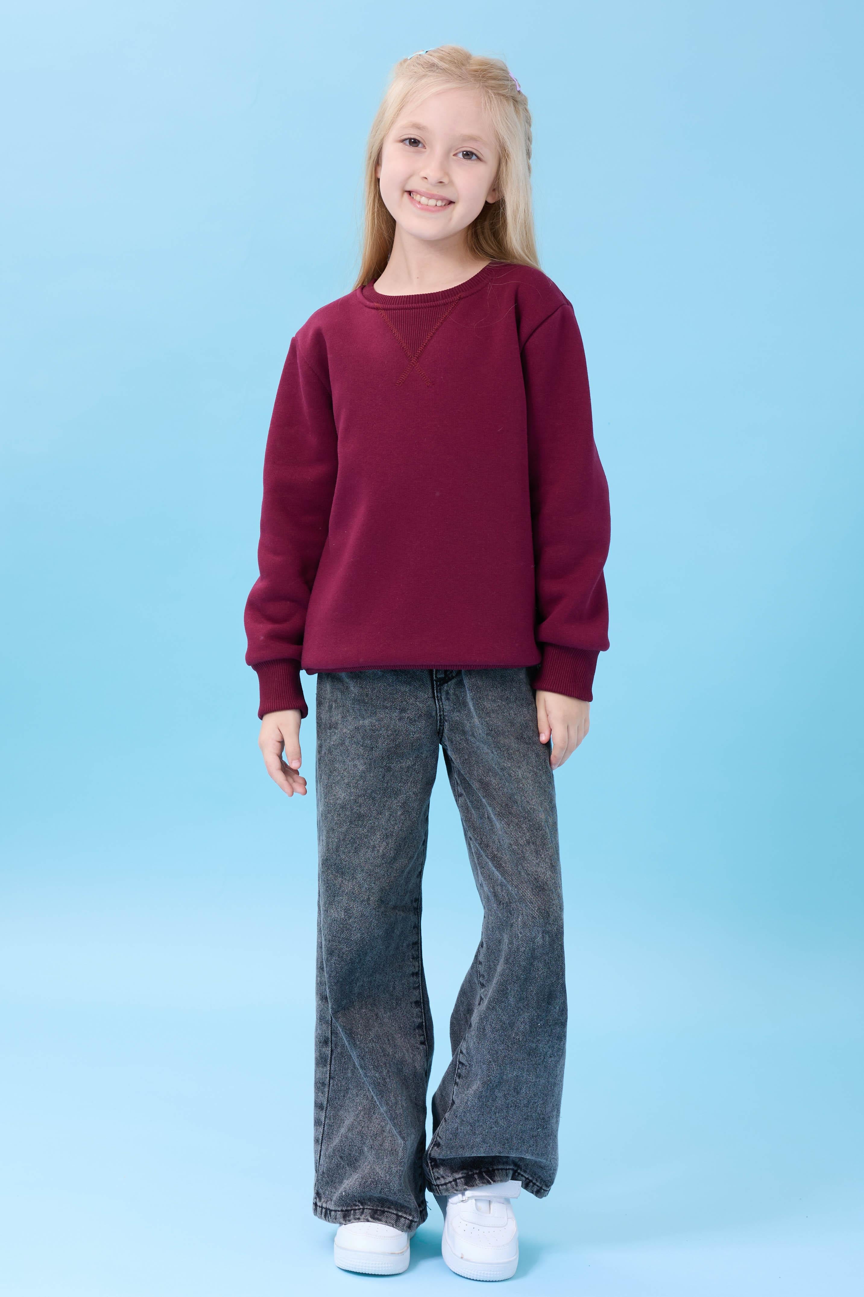 Unisex Basic Bisiklet Yaka Şardonlu Kışlık Sweatshirt - Bordo