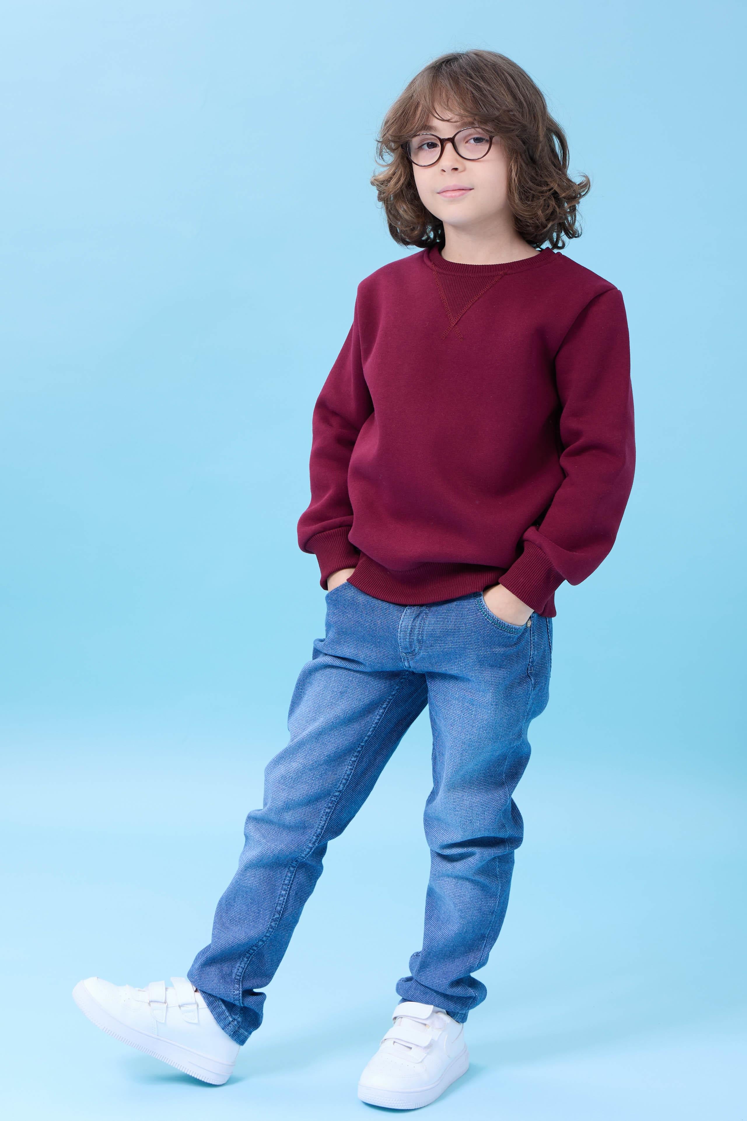 Unisex Basic Bisiklet Yaka Şardonlu Kışlık Sweatshirt - Bordo