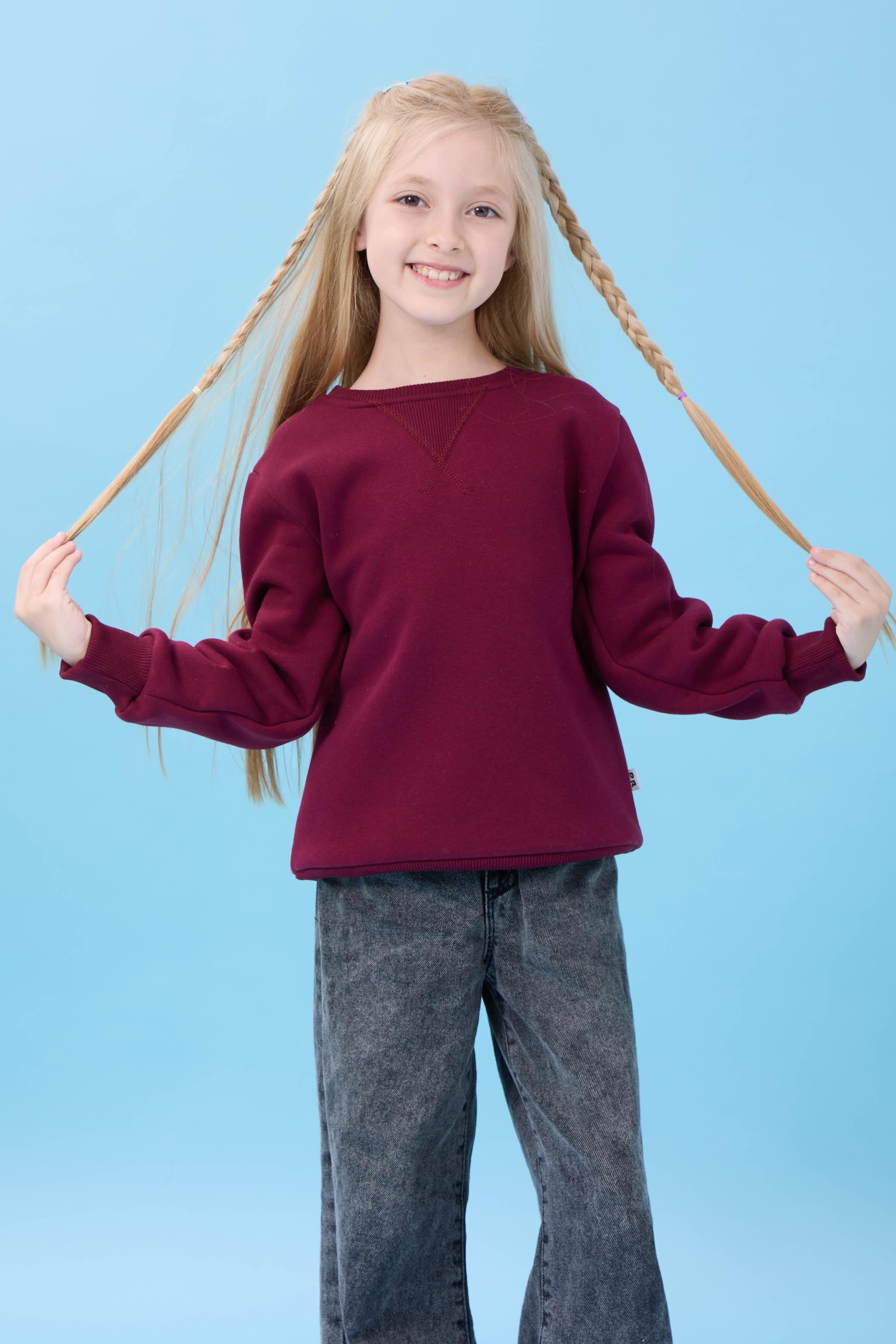 Unisex Basic Bisiklet Yaka Şardonlu Kışlık Sweatshirt - Bordo