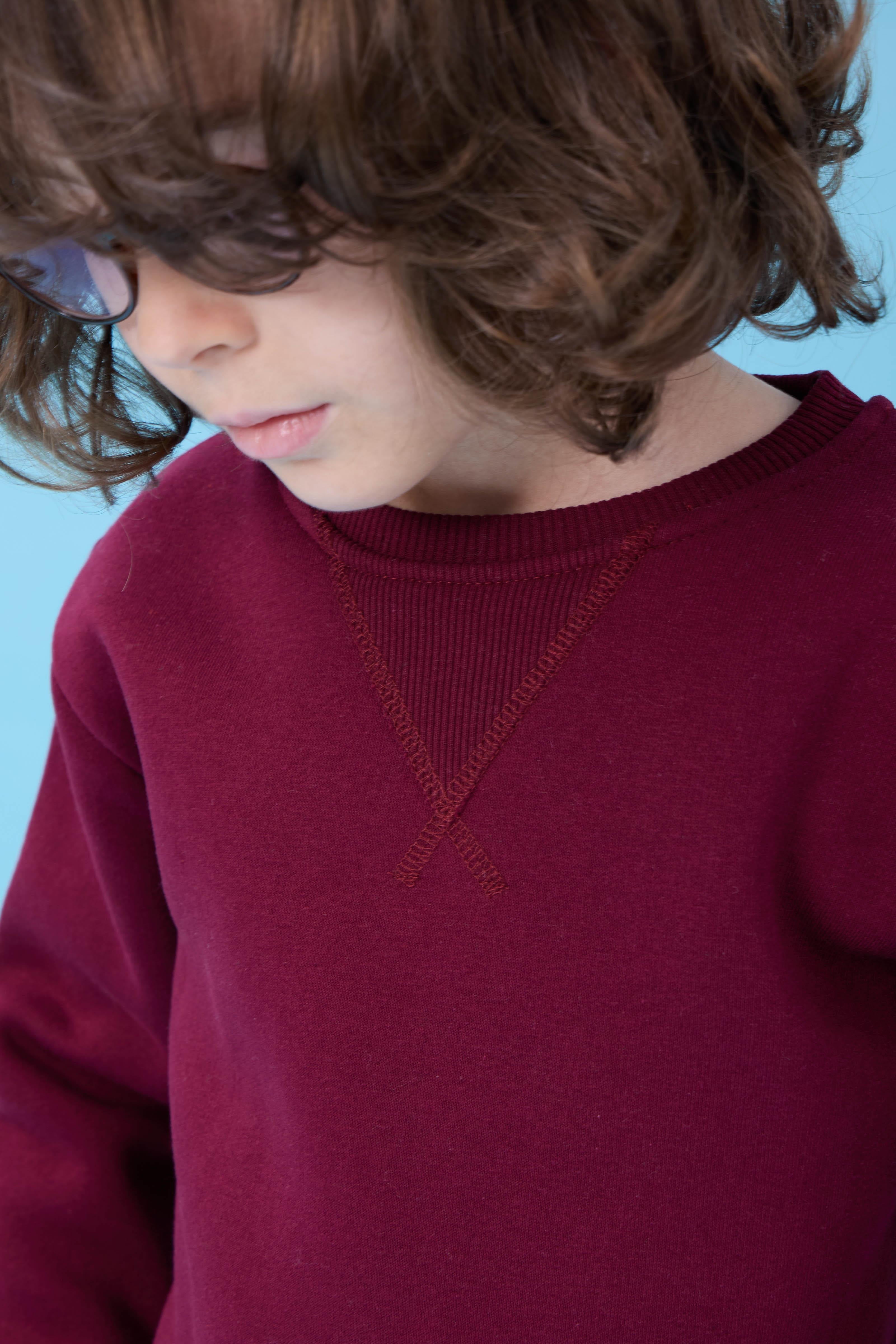 Unisex Basic Bisiklet Yaka Şardonlu Kışlık Sweatshirt - Bordo