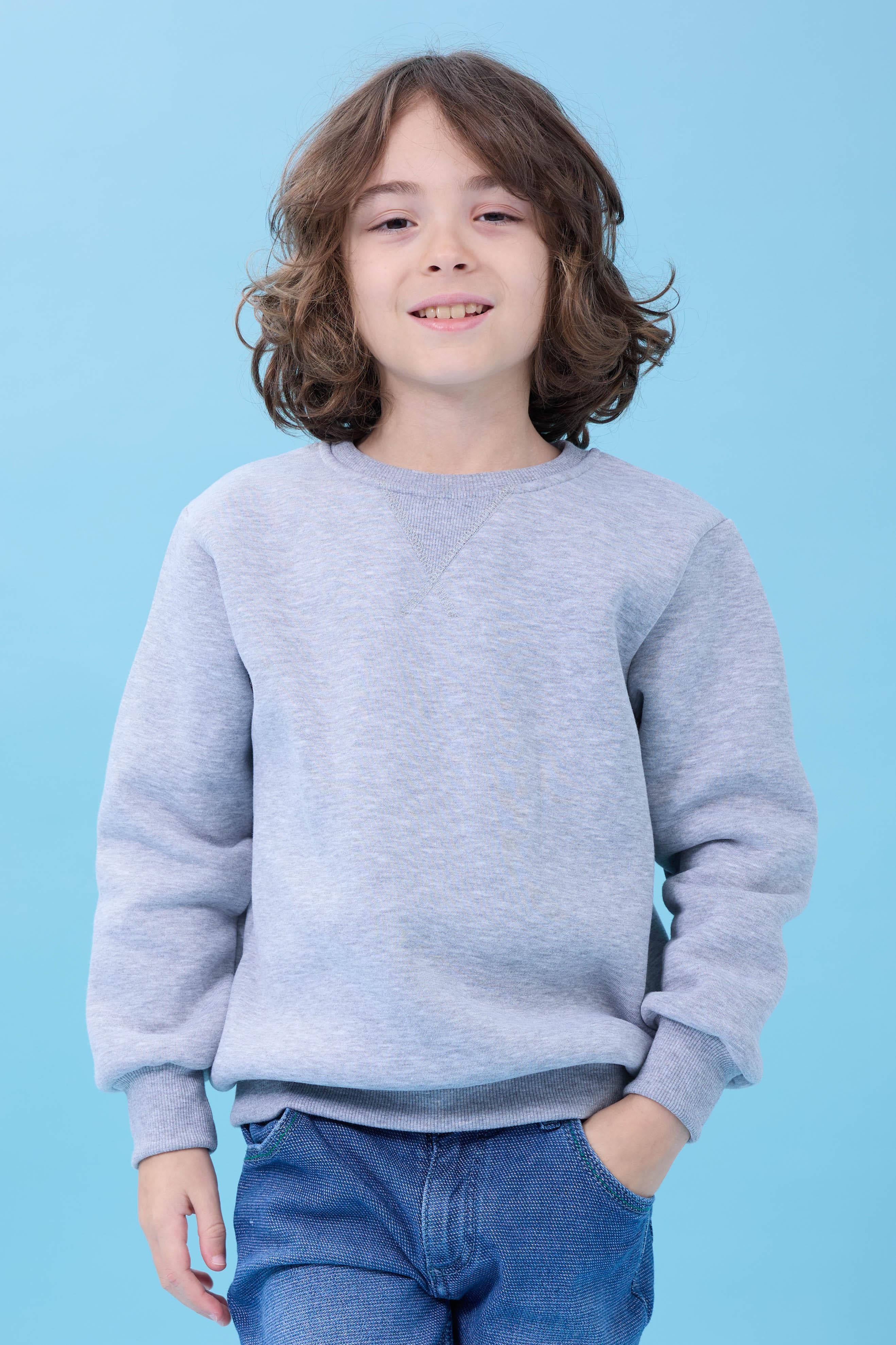 Unisex Basic Bisiklet Yaka Şardonlu Kışlık Sweatshirt - Gri