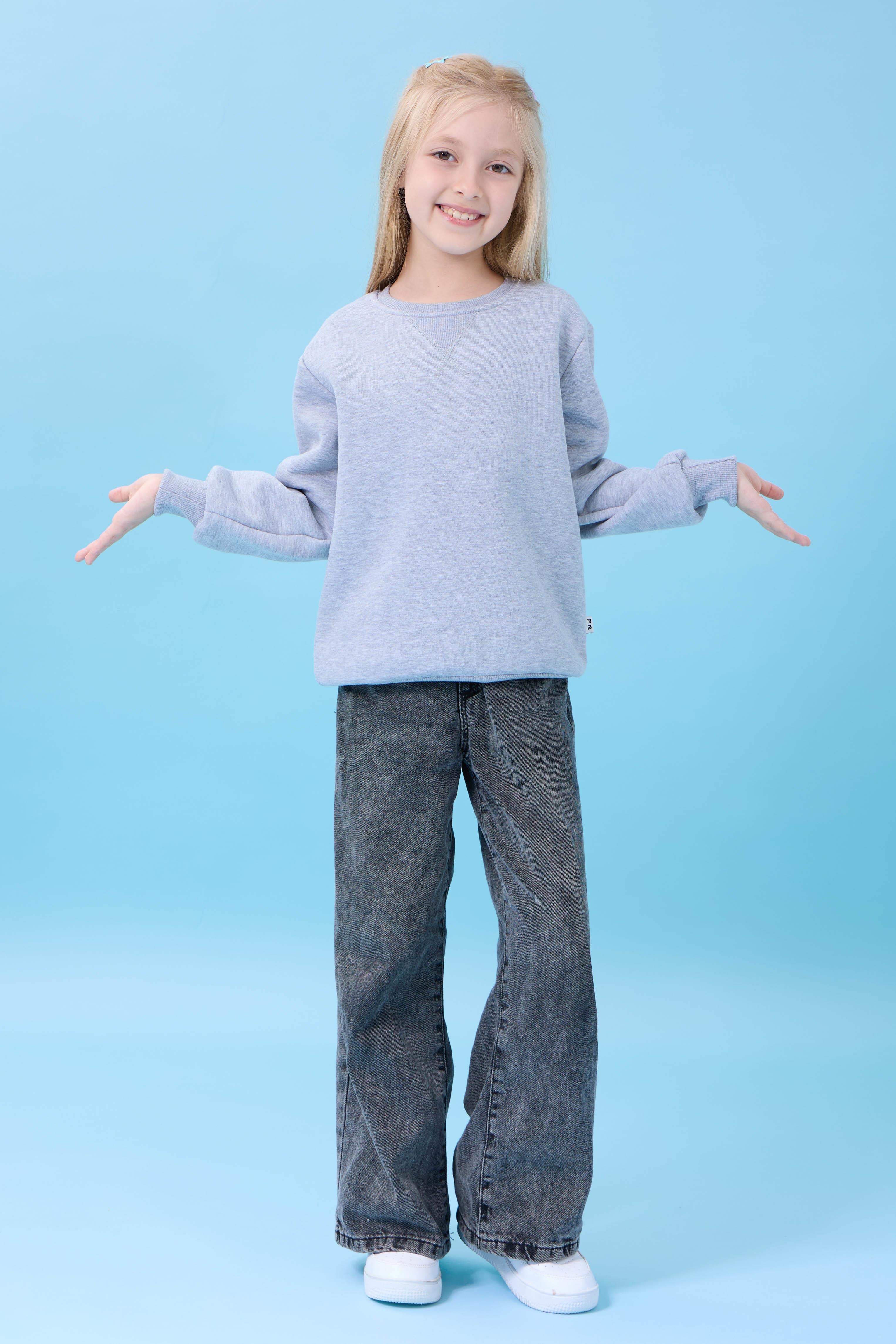 Unisex Basic Bisiklet Yaka Şardonlu Kışlık Sweatshirt - Gri